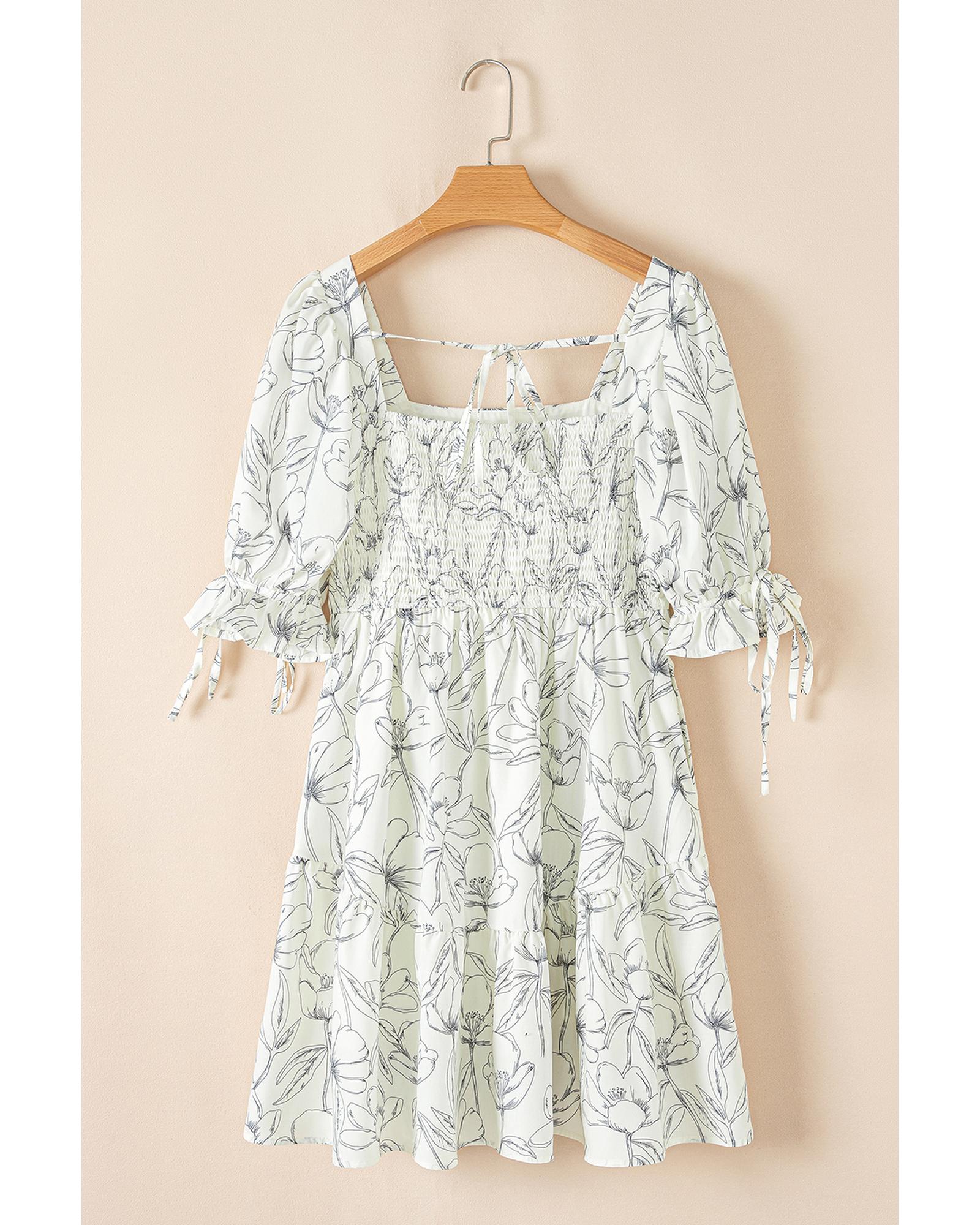 Beige Floral Print Square Neck Shirred Back Puff Sleeve Mini Dress - XL