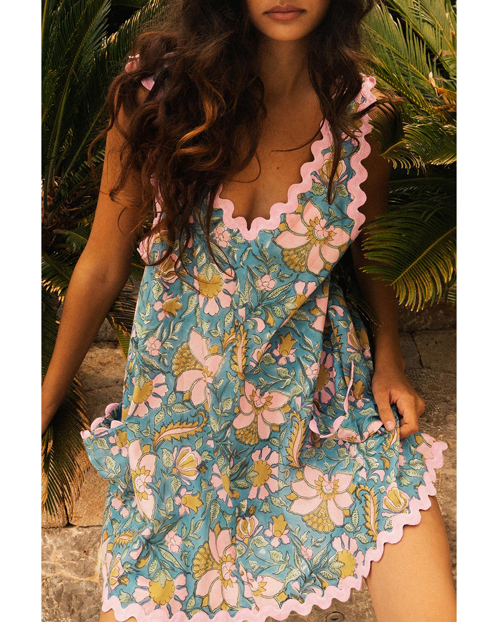 Sky Blue Floral Ricrac Trim V Neck Shift Mini Tank Dress - XL