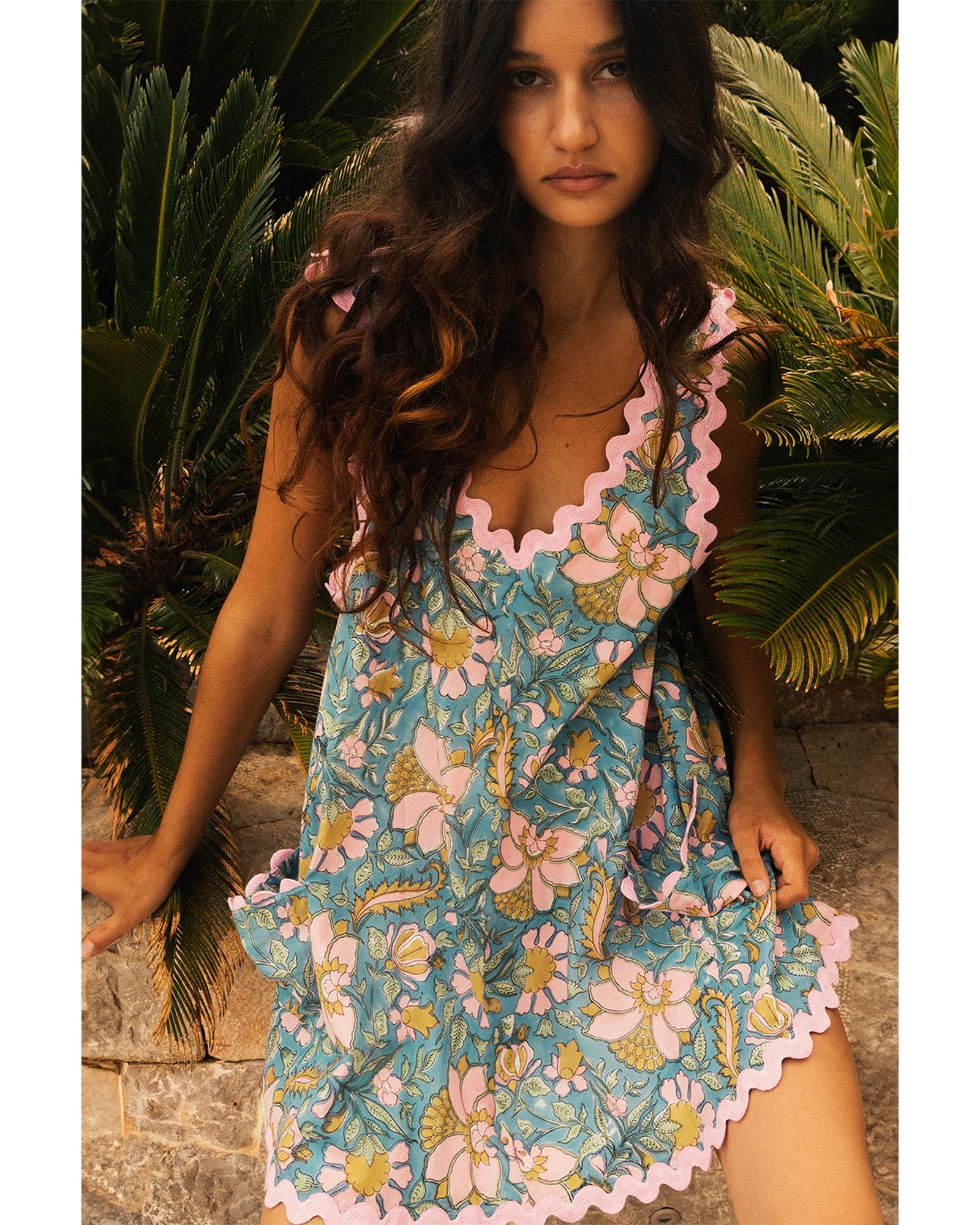 Sky Blue Floral Ricrac Trim V Neck Shift Mini Tank Dress - XL