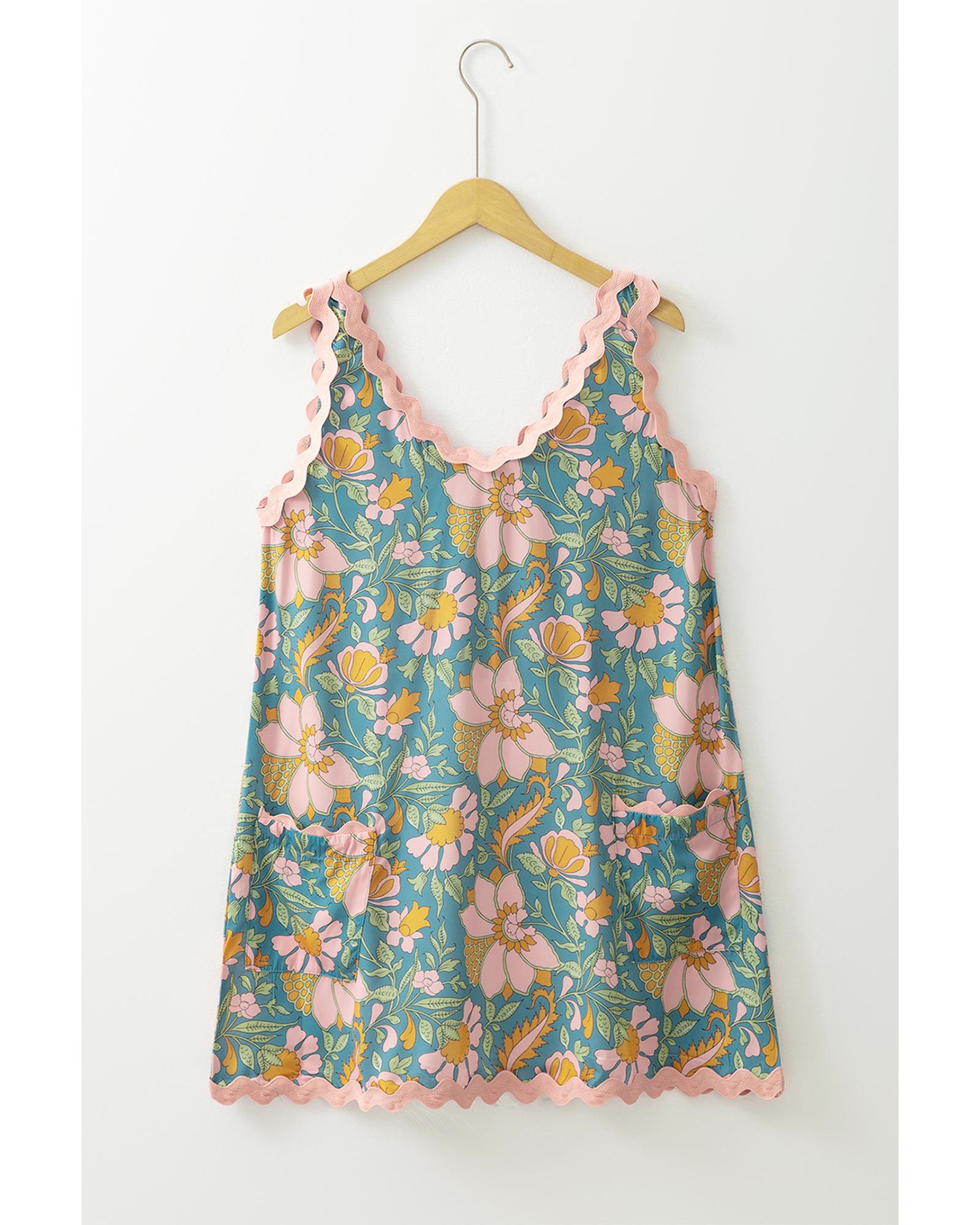 Sky Blue Floral Ricrac Trim V Neck Shift Mini Tank Dress - XL