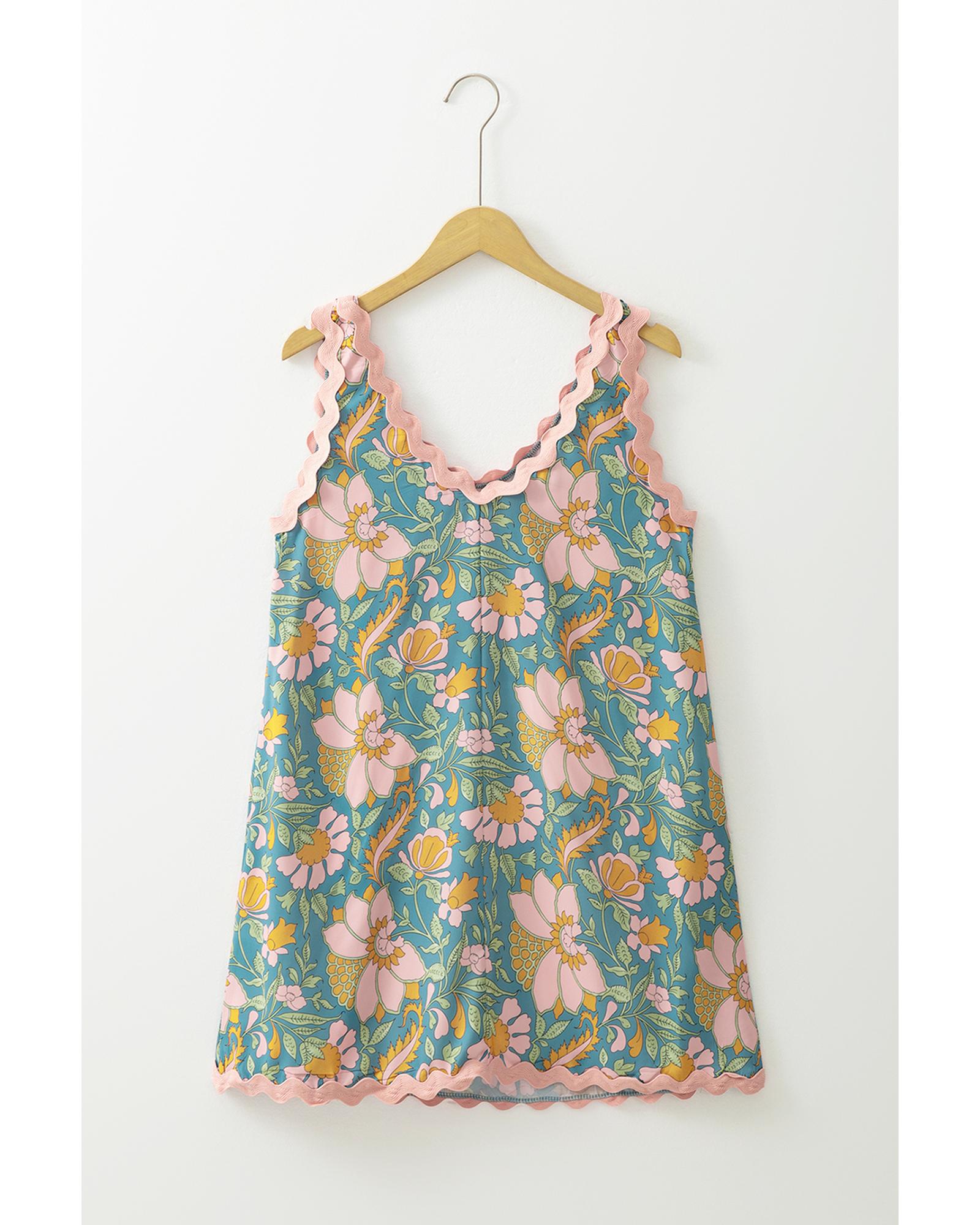 Sky Blue Floral Ricrac Trim V Neck Shift Mini Tank Dress - XL