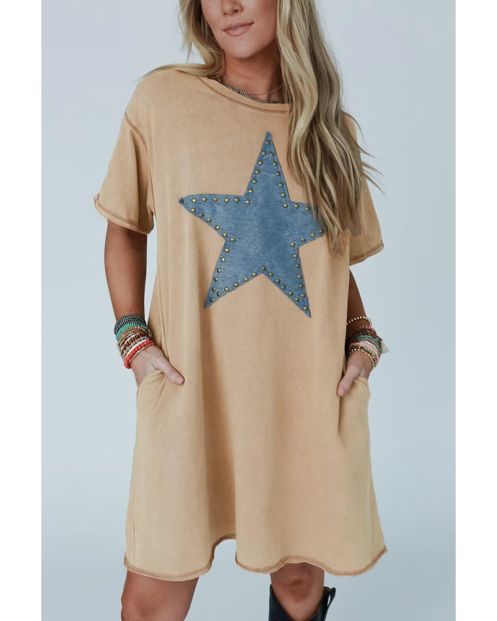 Pale Khaki Mineral Wash Stud Beaded Star Graphic Pocketed T Shirt Dress - S