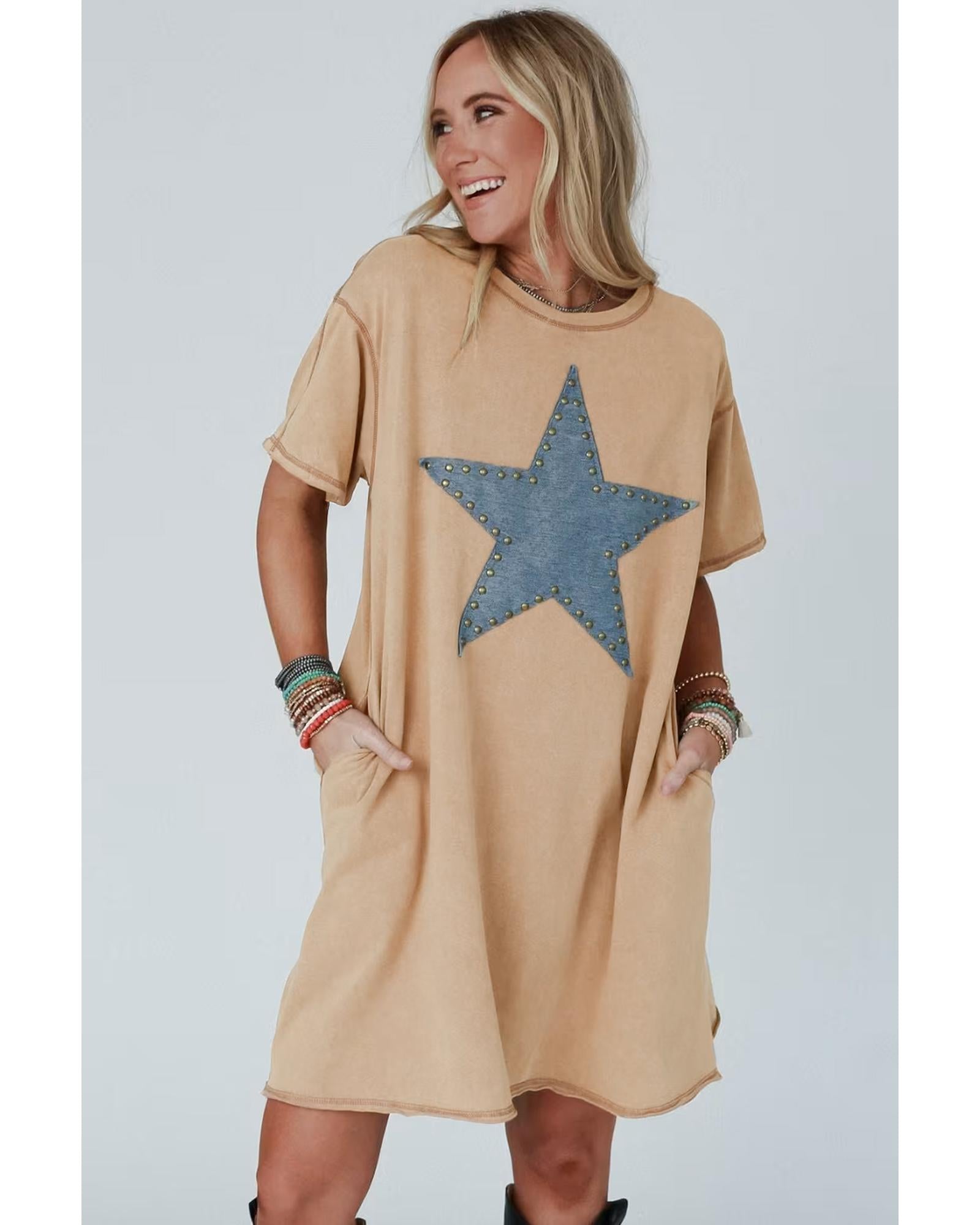 Pale Khaki Mineral Wash Stud Beaded Star Graphic Pocketed T Shirt Dress - S
