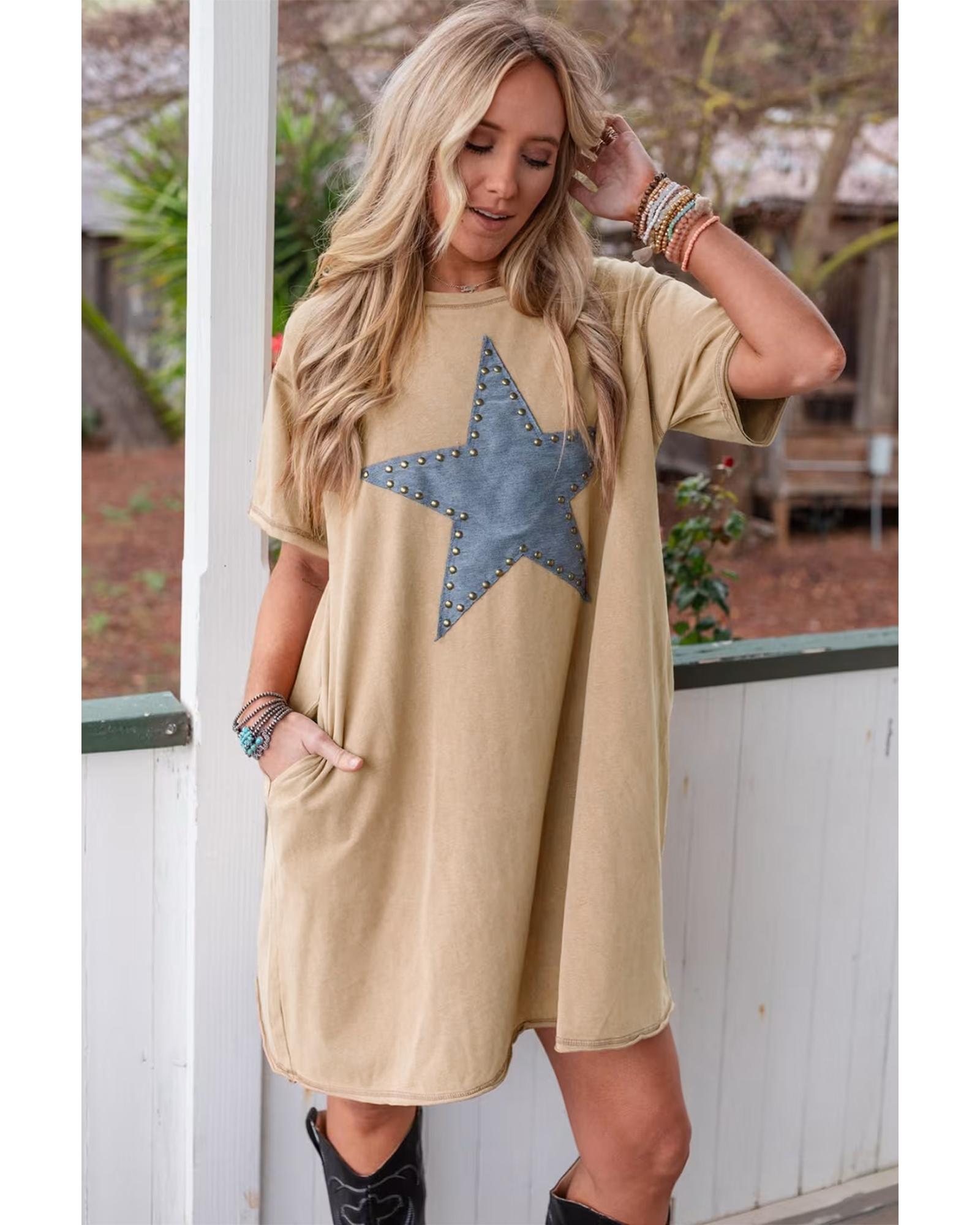Pale Khaki Mineral Wash Stud Beaded Star Graphic Pocketed T Shirt Dress - S