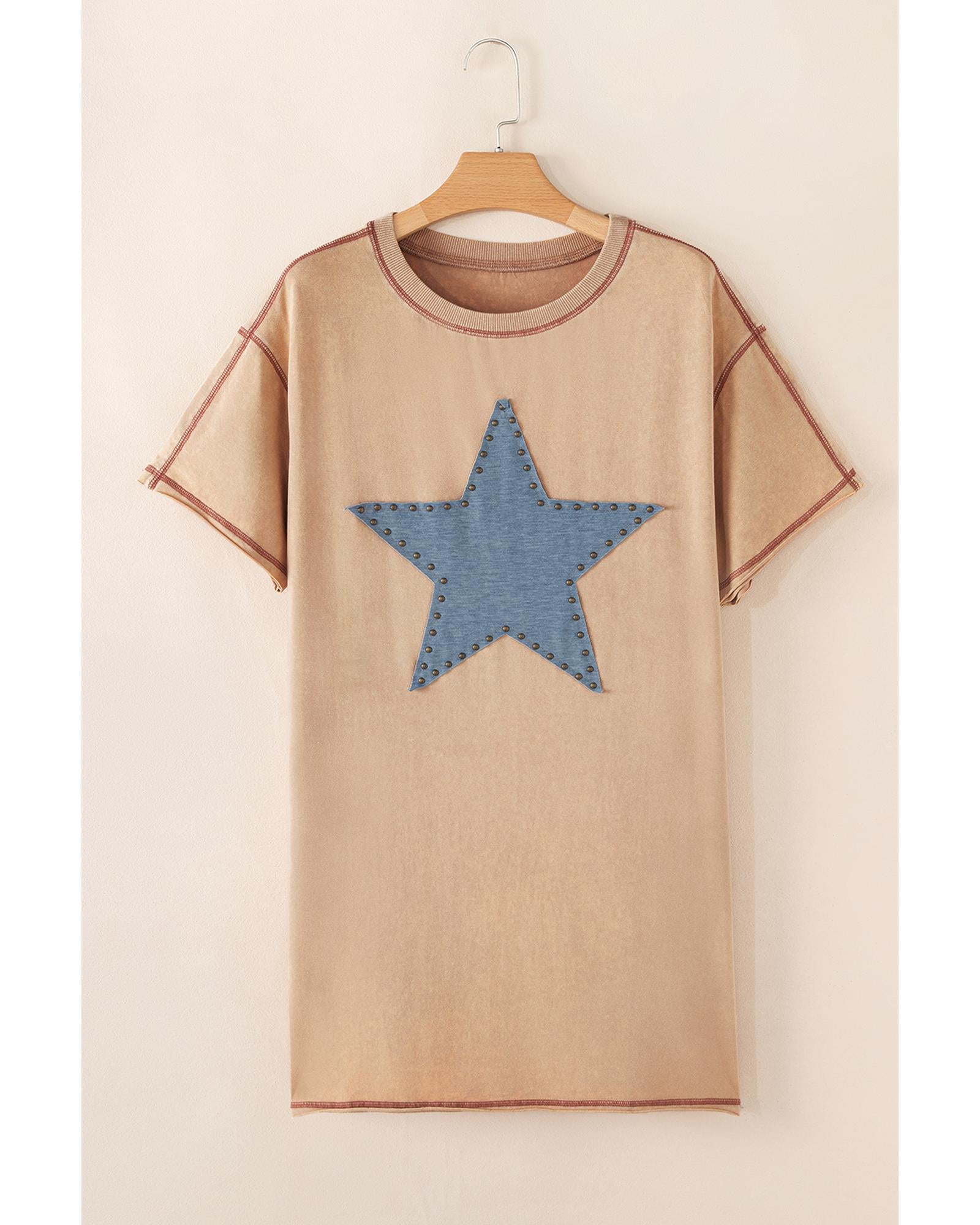 Pale Khaki Mineral Wash Stud Beaded Star Graphic Pocketed T Shirt Dress - S