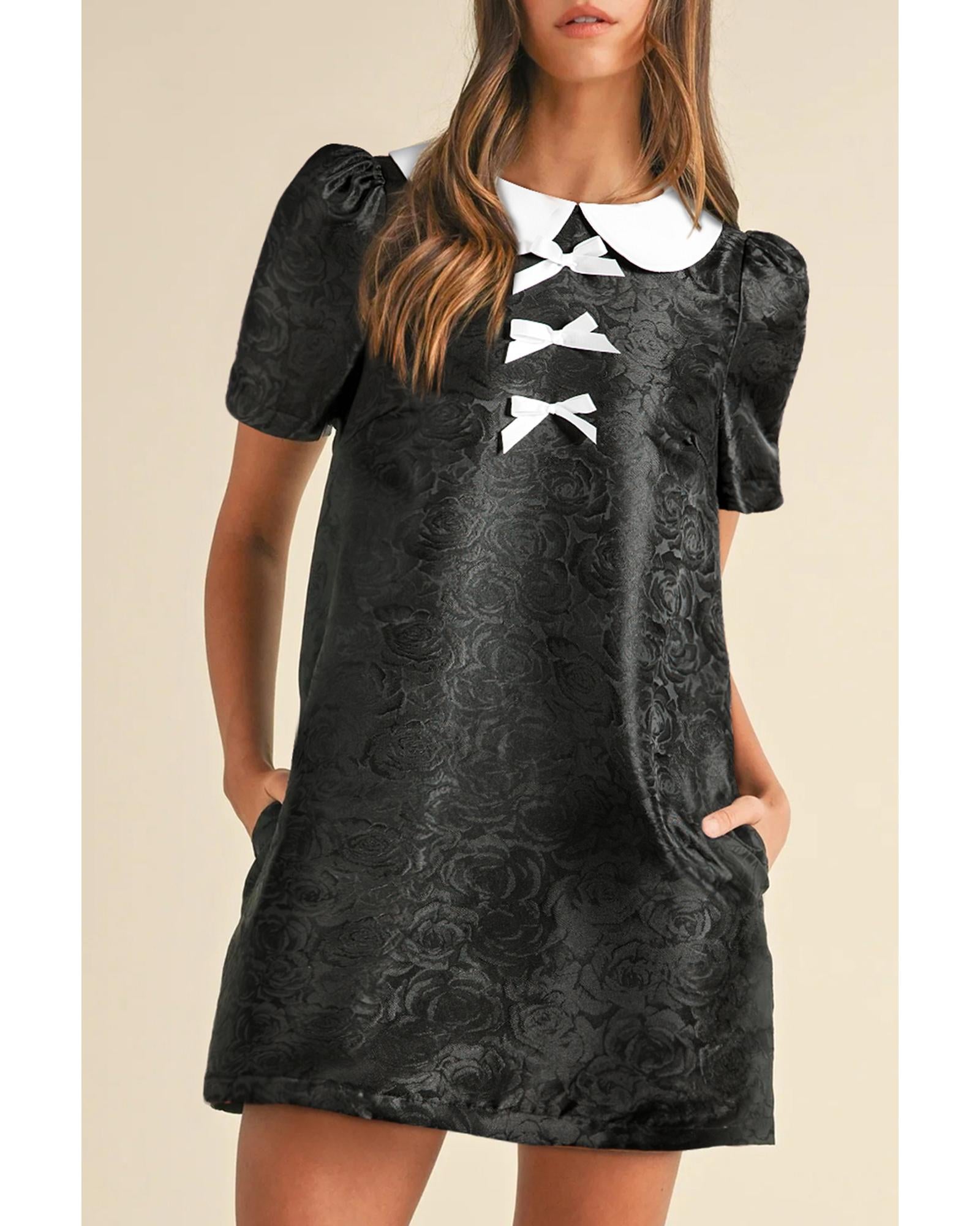Black Floral Embossed Puff Sleeve Colorblock Bow Collared Mini Dress - M