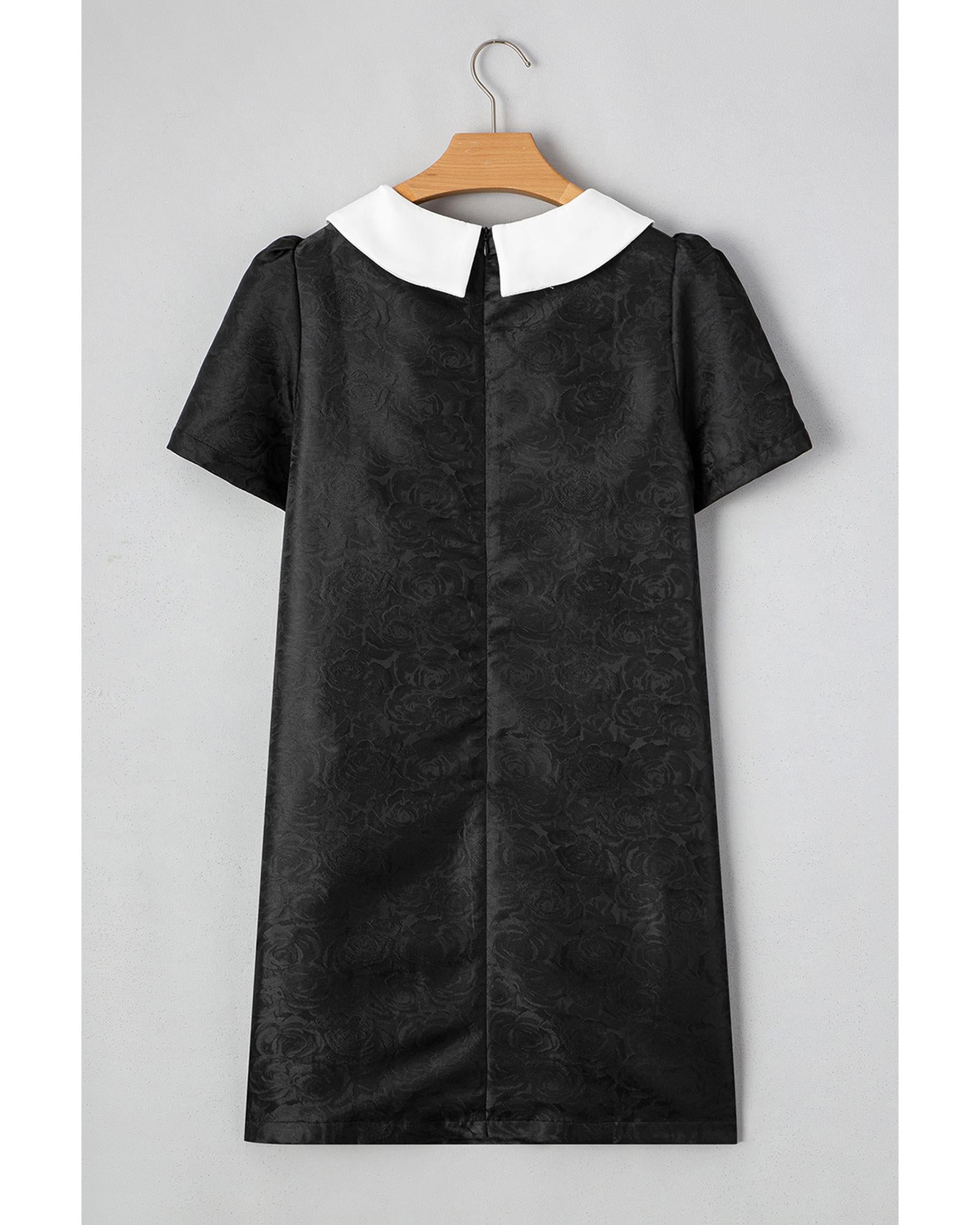 Black Floral Embossed Puff Sleeve Colorblock Bow Collared Mini Dress - M