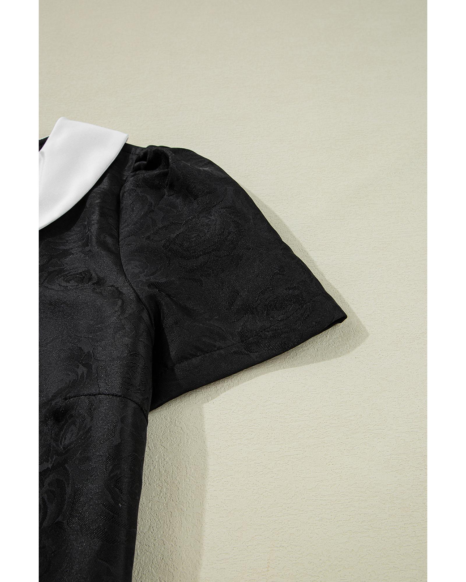 Black Floral Embossed Puff Sleeve Colorblock Bow Collared Mini Dress - M