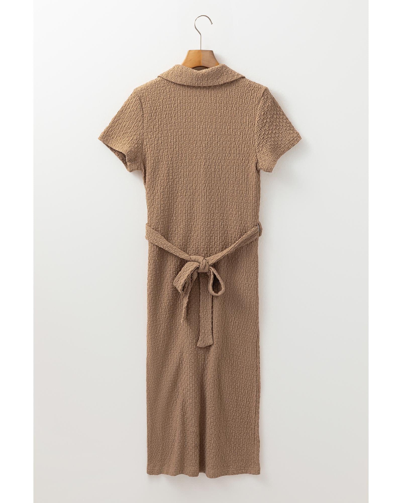 Buckskin Short Sleeve Textured Button Up Tie Waist Long Dress - L