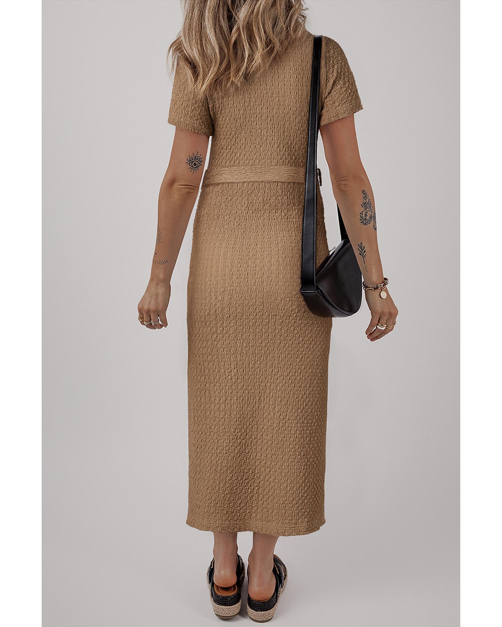 Buckskin Short Sleeve Textured Button Up Tie Waist Long Dress - L