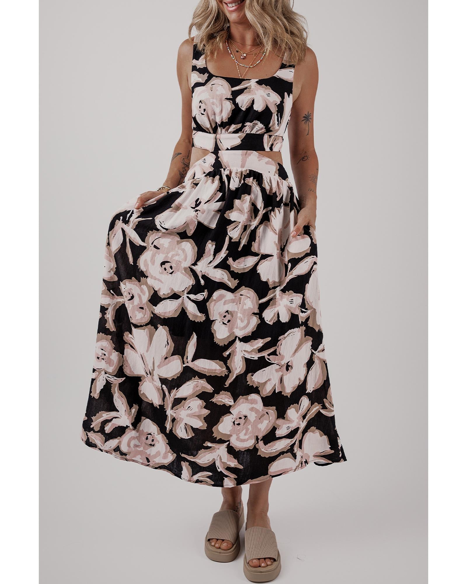 Black Floral Cutout Square Neck Knot Back Sleeveless Maxi Dress - S