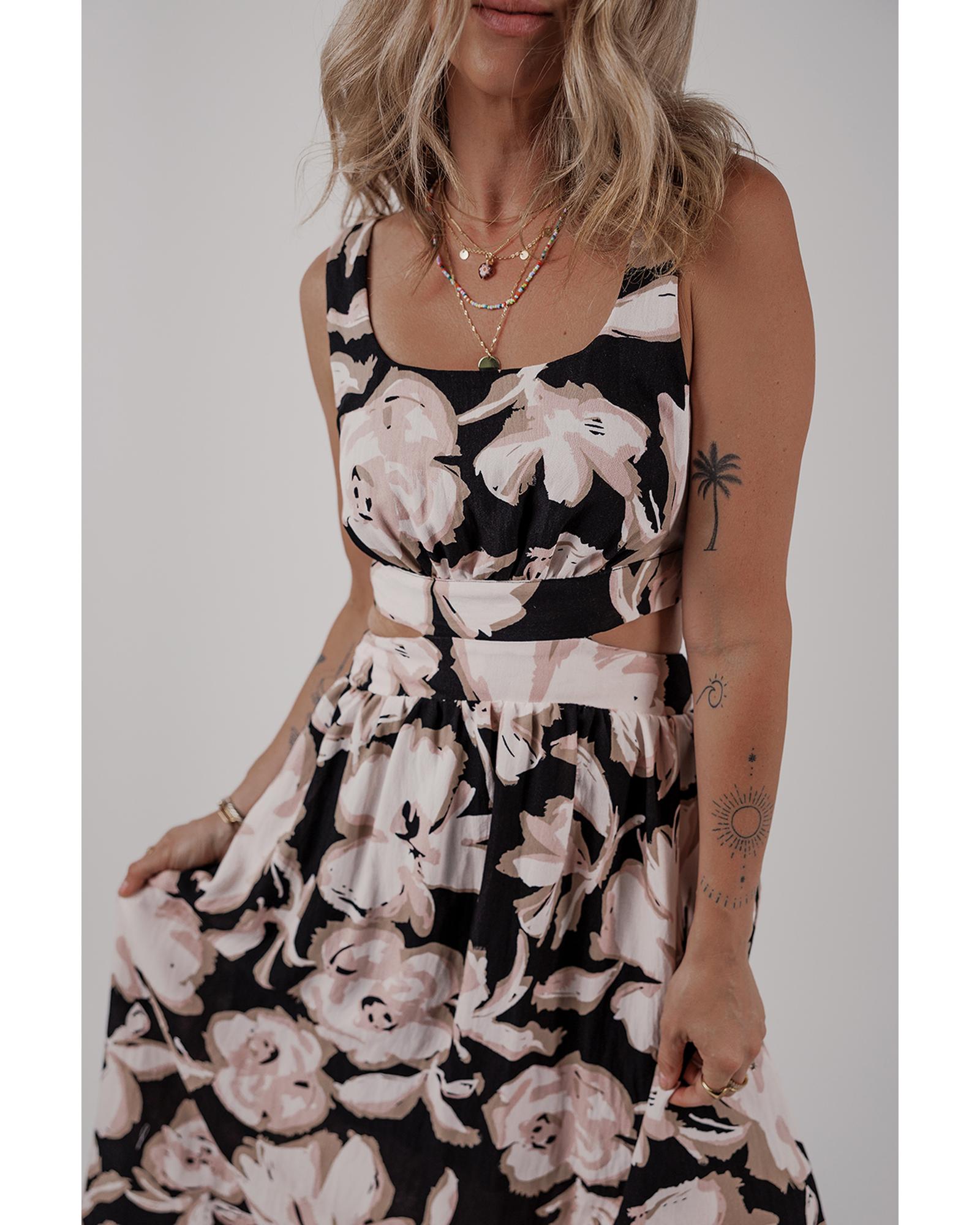 Black Floral Cutout Square Neck Knot Back Sleeveless Maxi Dress - S