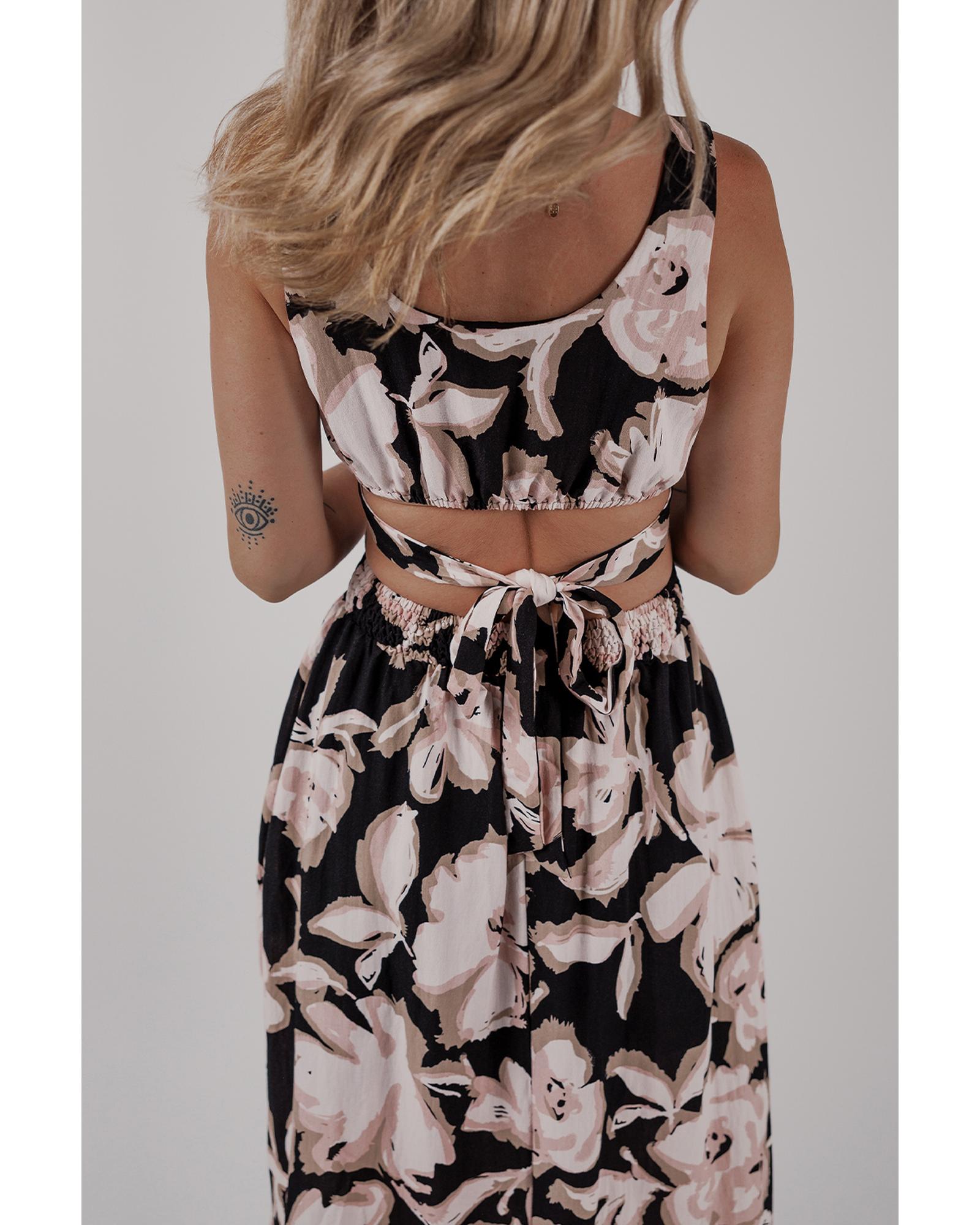Black Floral Cutout Square Neck Knot Back Sleeveless Maxi Dress - S