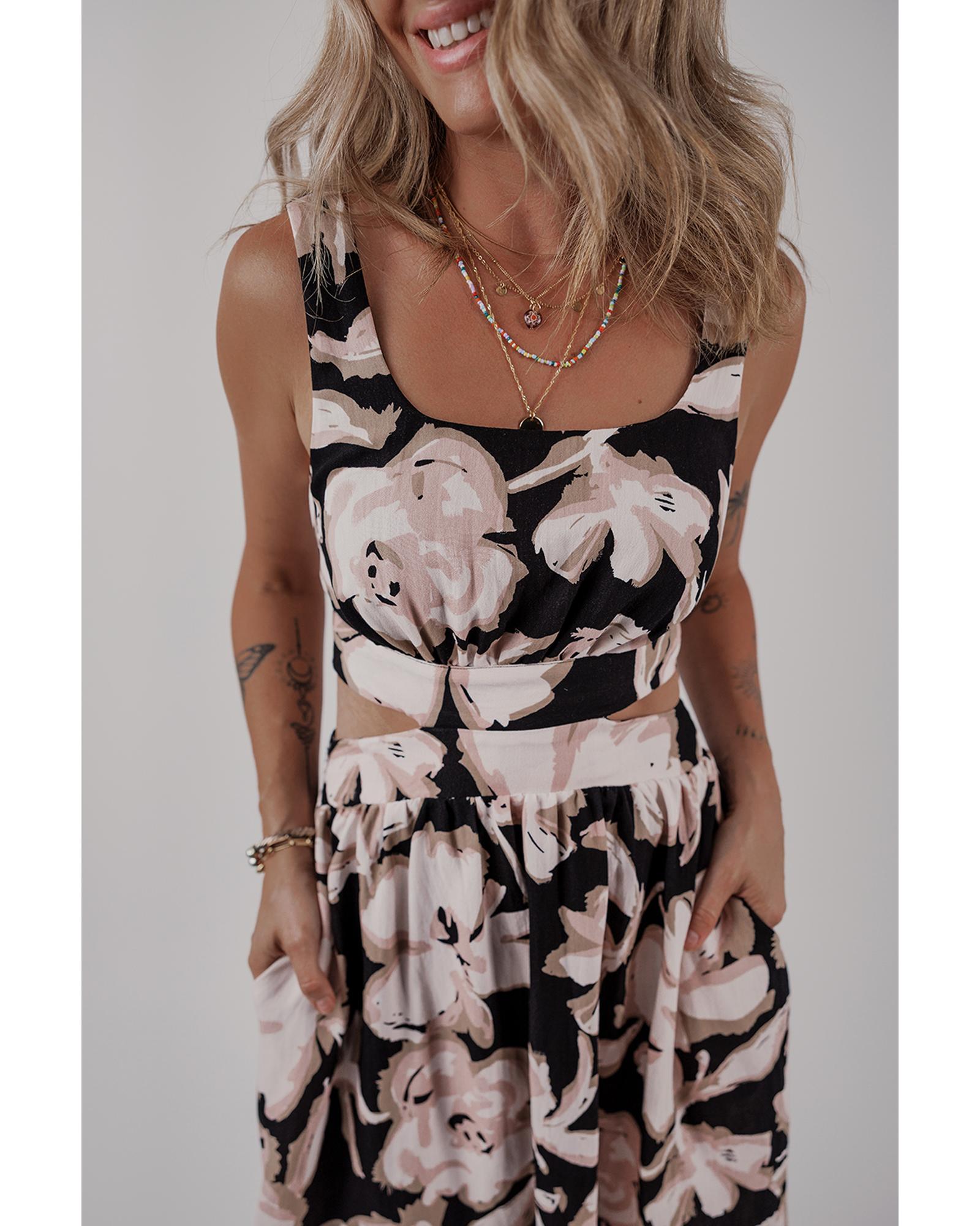 Black Floral Cutout Square Neck Knot Back Sleeveless Maxi Dress - S