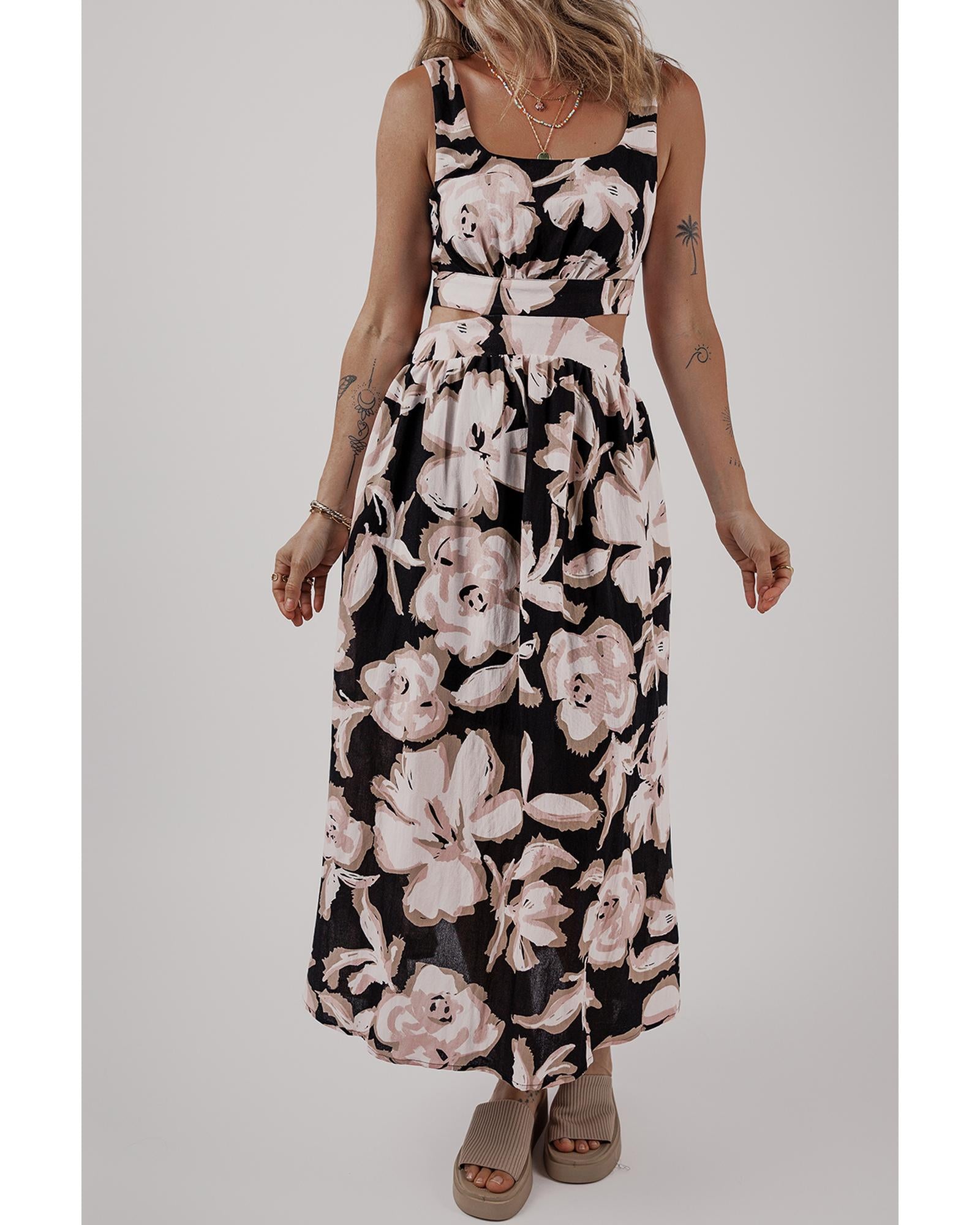 Black Floral Cutout Square Neck Knot Back Sleeveless Maxi Dress - S