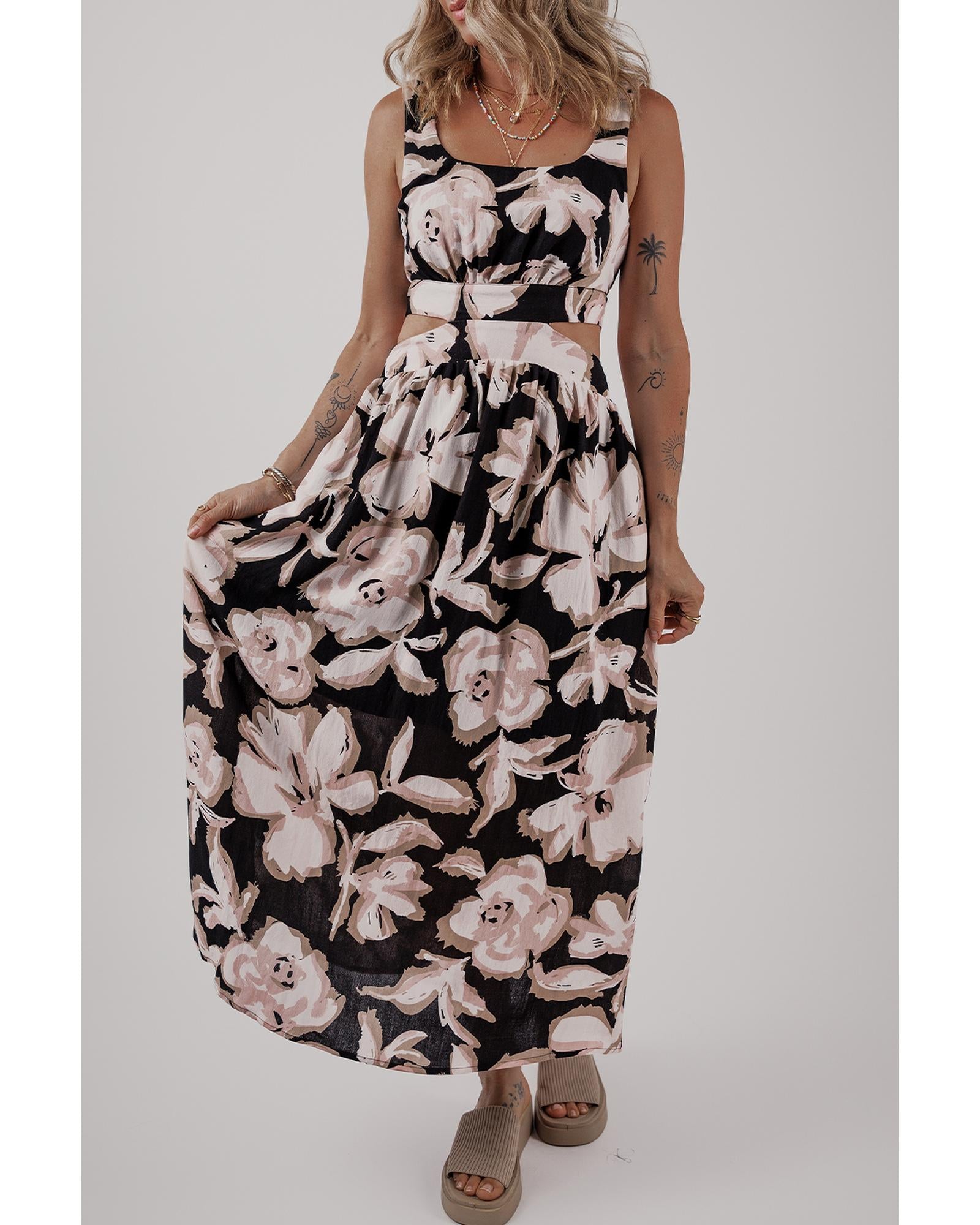 Black Floral Cutout Square Neck Knot Back Sleeveless Maxi Dress - S