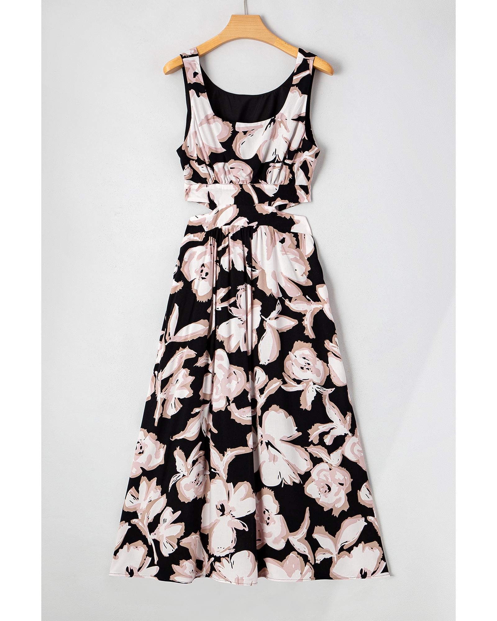 Black Floral Cutout Square Neck Knot Back Sleeveless Maxi Dress - S