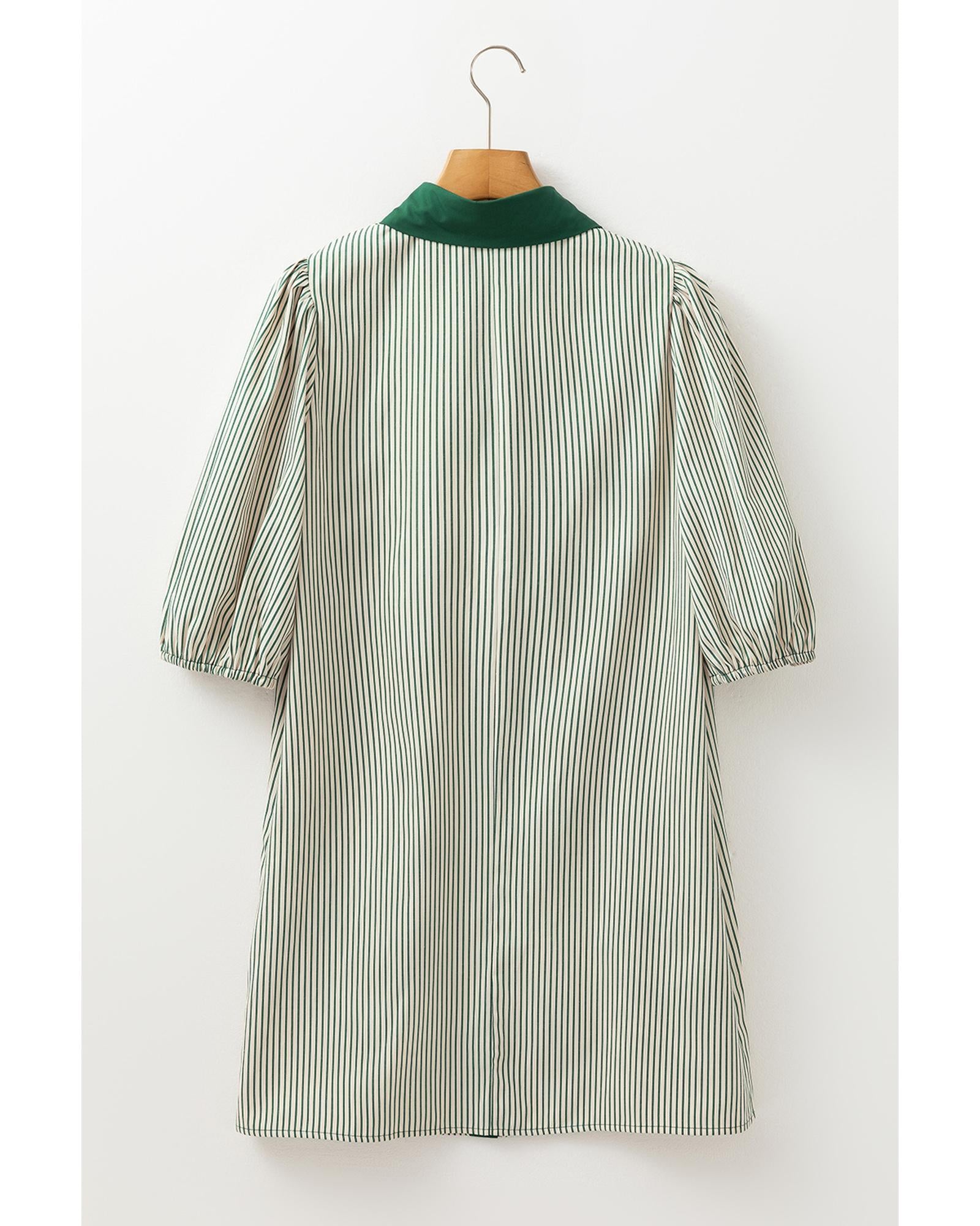 Green Patch Pockets Button Down Short Puff Sleeve Dress - L