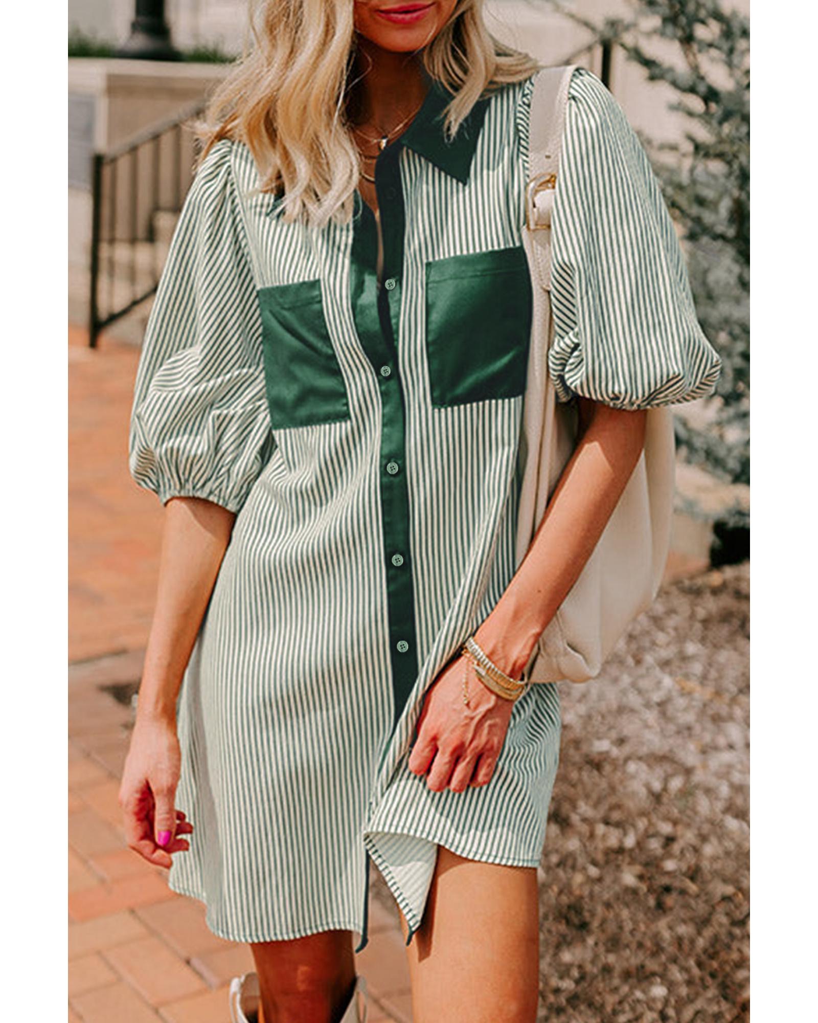 Green Patch Pockets Button Down Short Puff Sleeve Dress - S