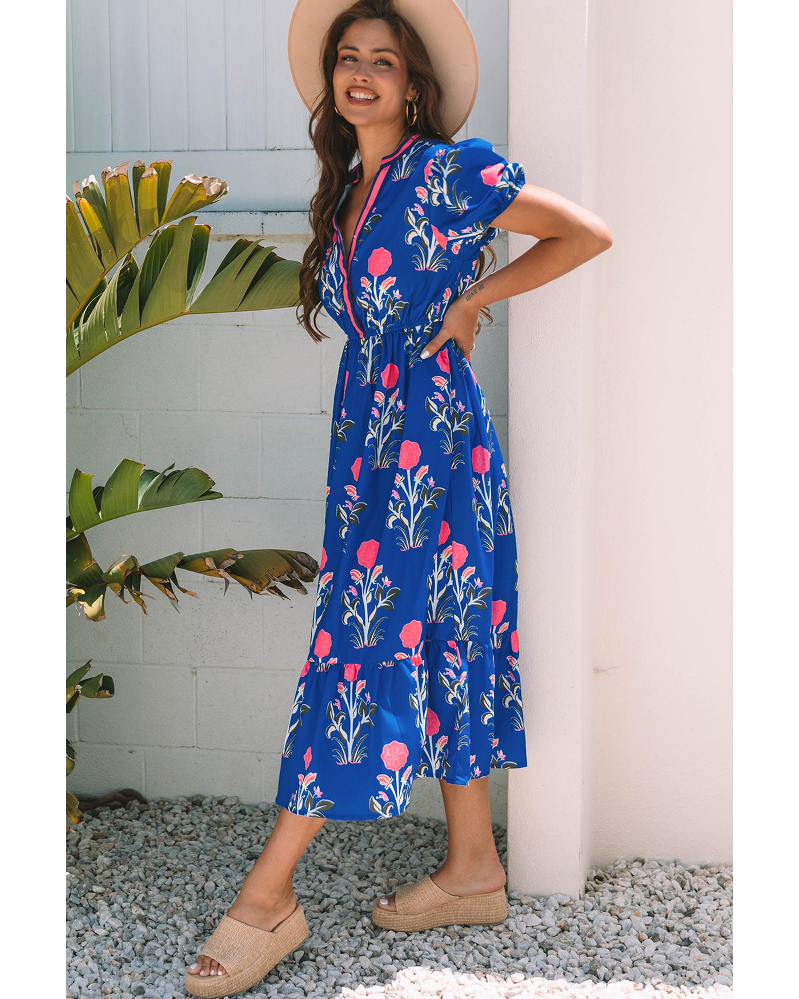 Sky Blue Floral Puff Short Sleeve V Neck High Waist Maxi Dress - L