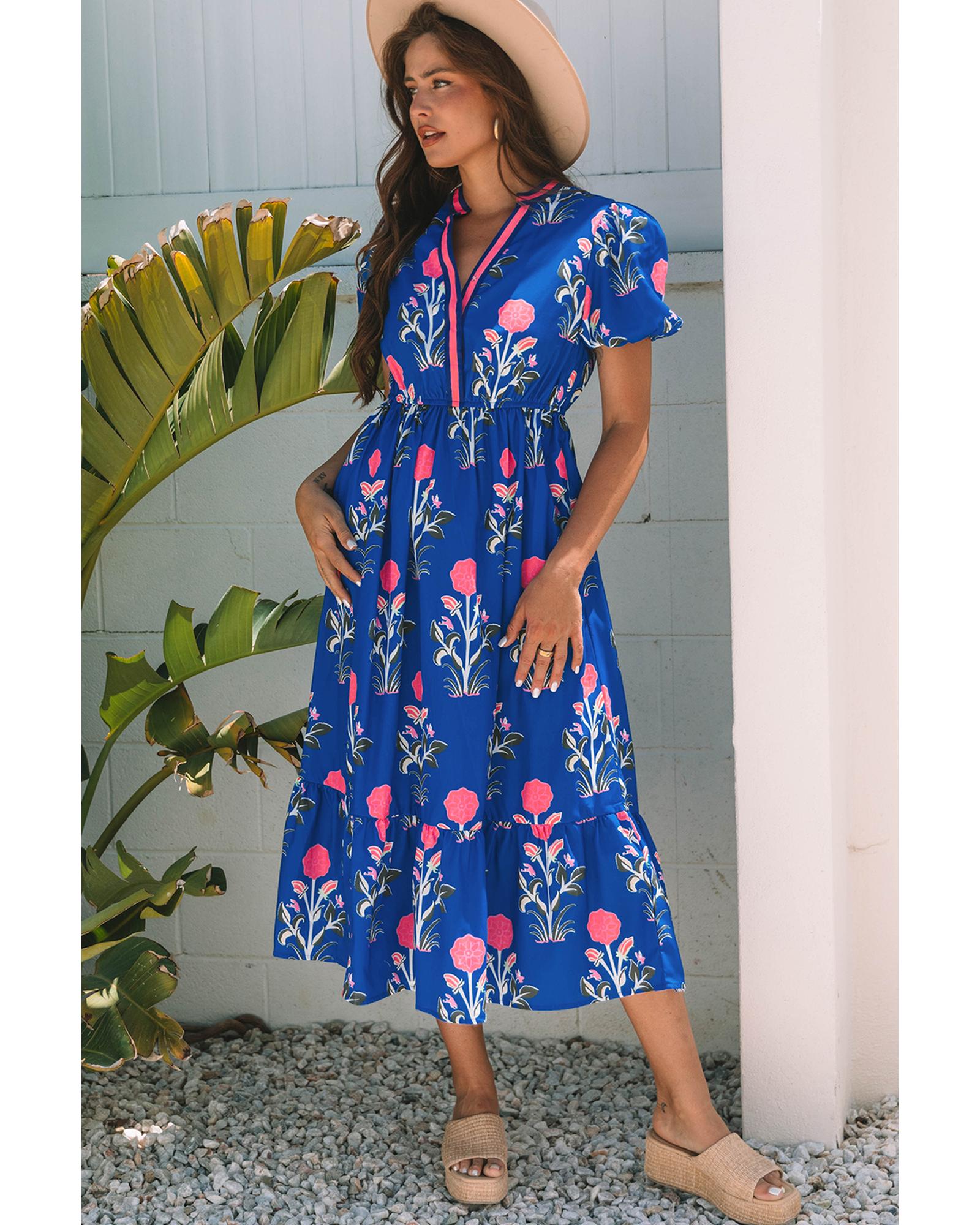 Sky Blue Floral Puff Short Sleeve V Neck High Waist Maxi Dress - L