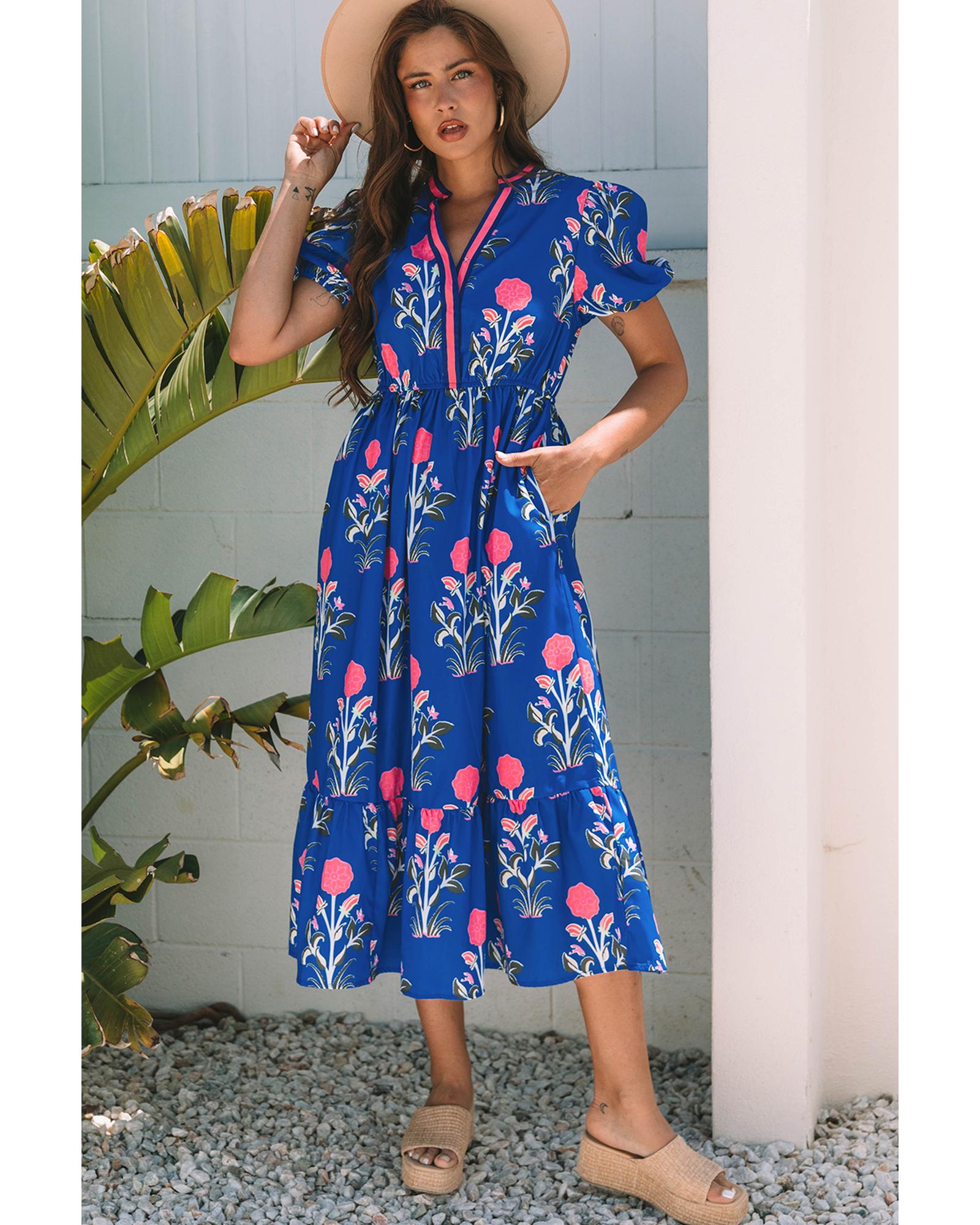 Sky Blue Floral Puff Short Sleeve V Neck High Waist Maxi Dress - L