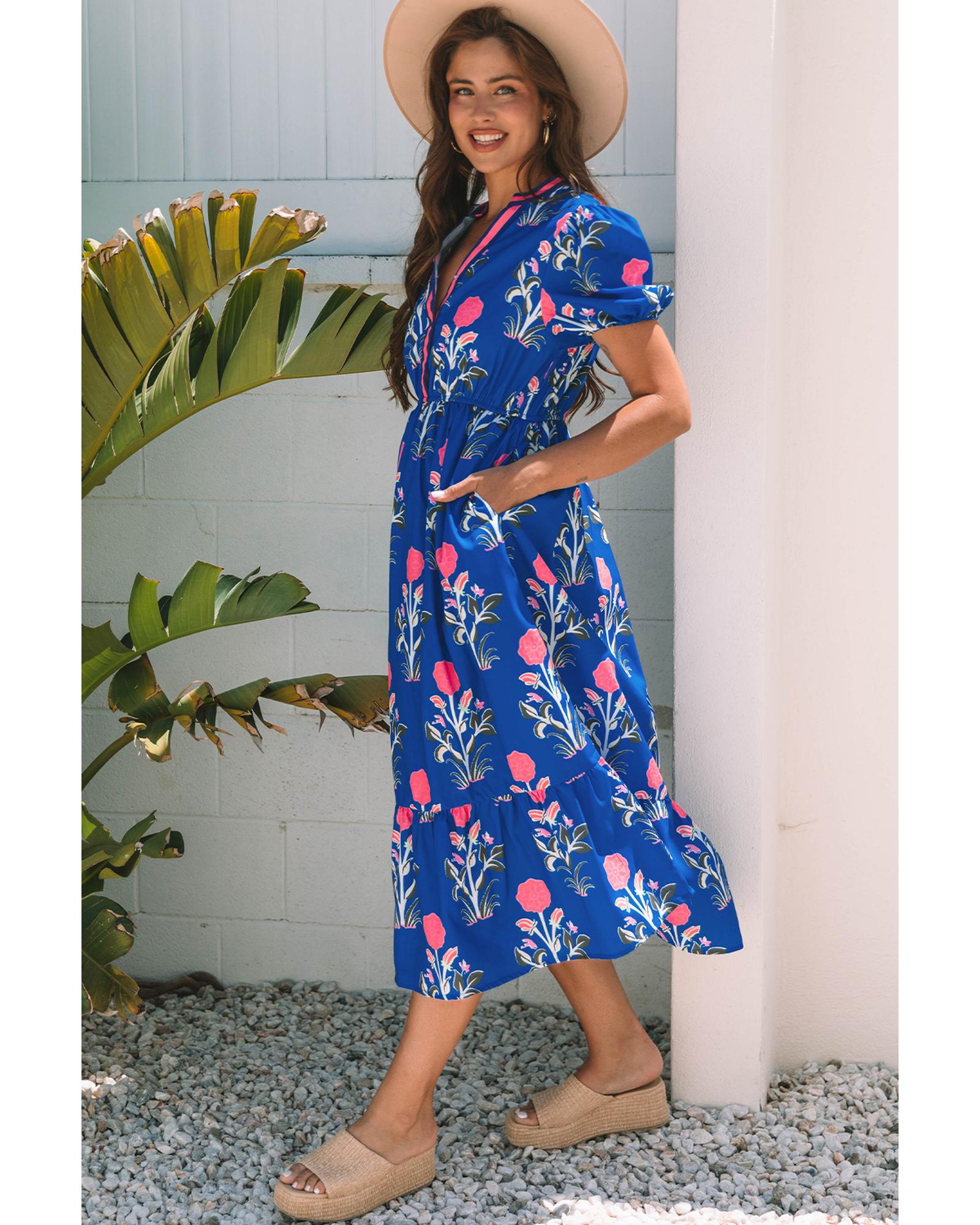 Sky Blue Floral Puff Short Sleeve V Neck High Waist Maxi Dress - L