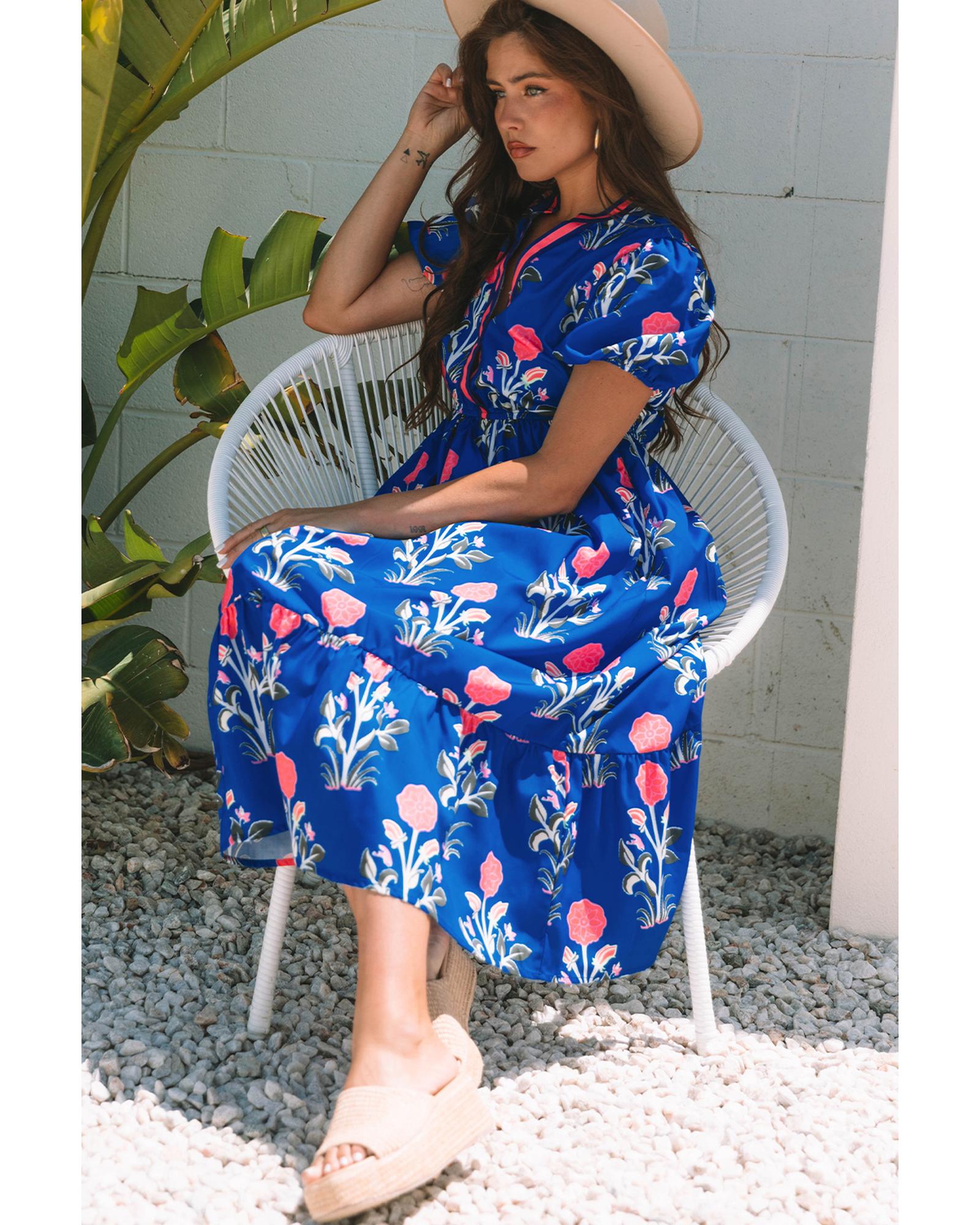 Sky Blue Floral Puff Short Sleeve V Neck High Waist Maxi Dress - L