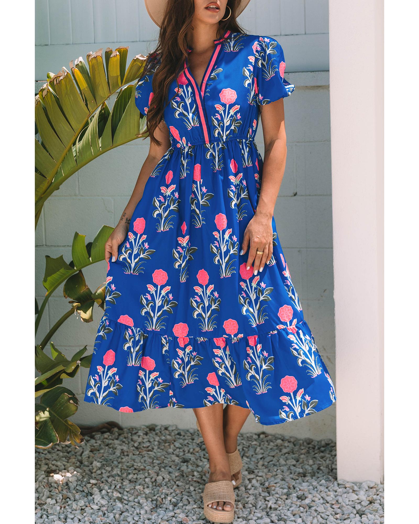 Sky Blue Floral Puff Short Sleeve V Neck High Waist Maxi Dress - L