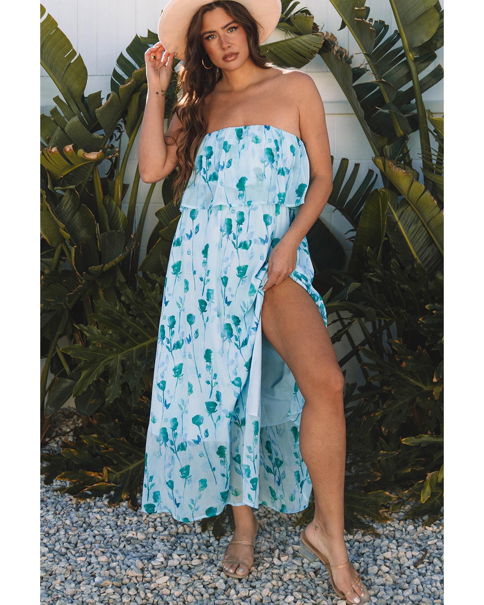 Green Floral Print Ruffled Side Slit Tube Top Maxi Dress - XL