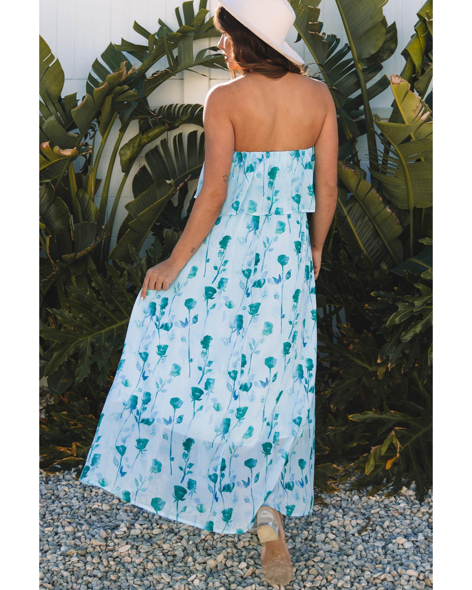 Green Floral Print Ruffled Side Slit Tube Top Maxi Dress - XL