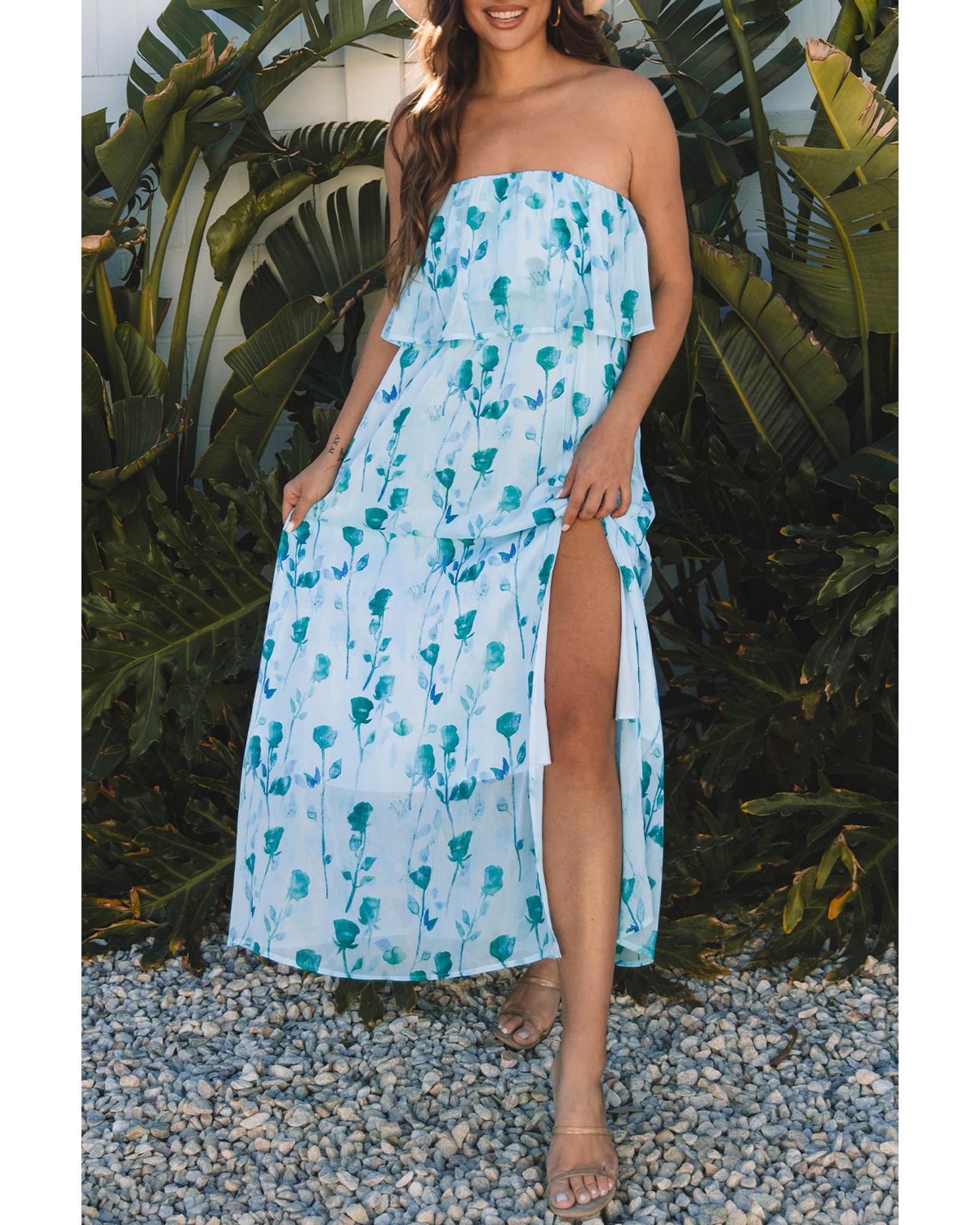 Green Floral Print Ruffled Side Slit Tube Top Maxi Dress - XL