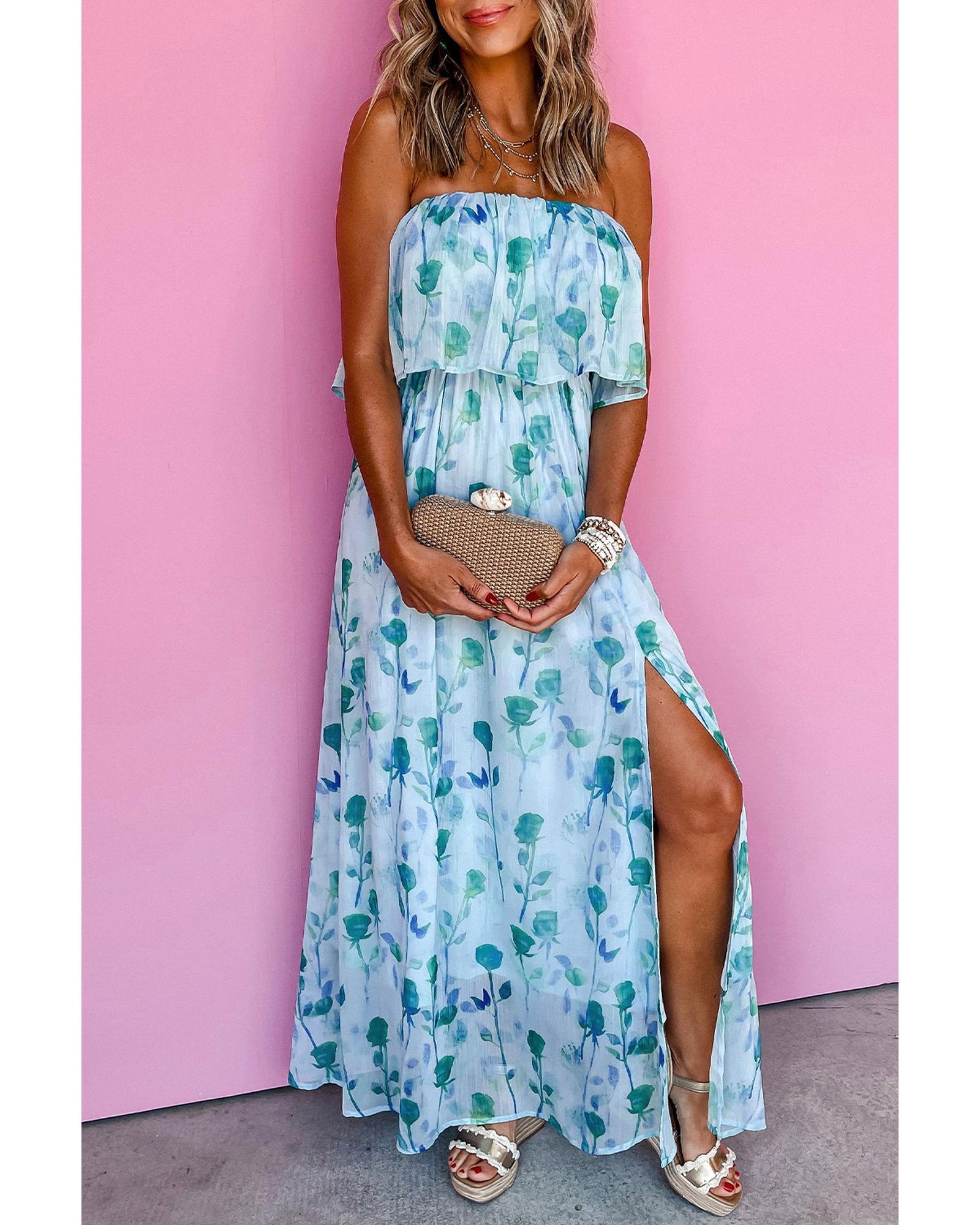 Green Floral Print Ruffled Side Slit Tube Top Maxi Dress - XL