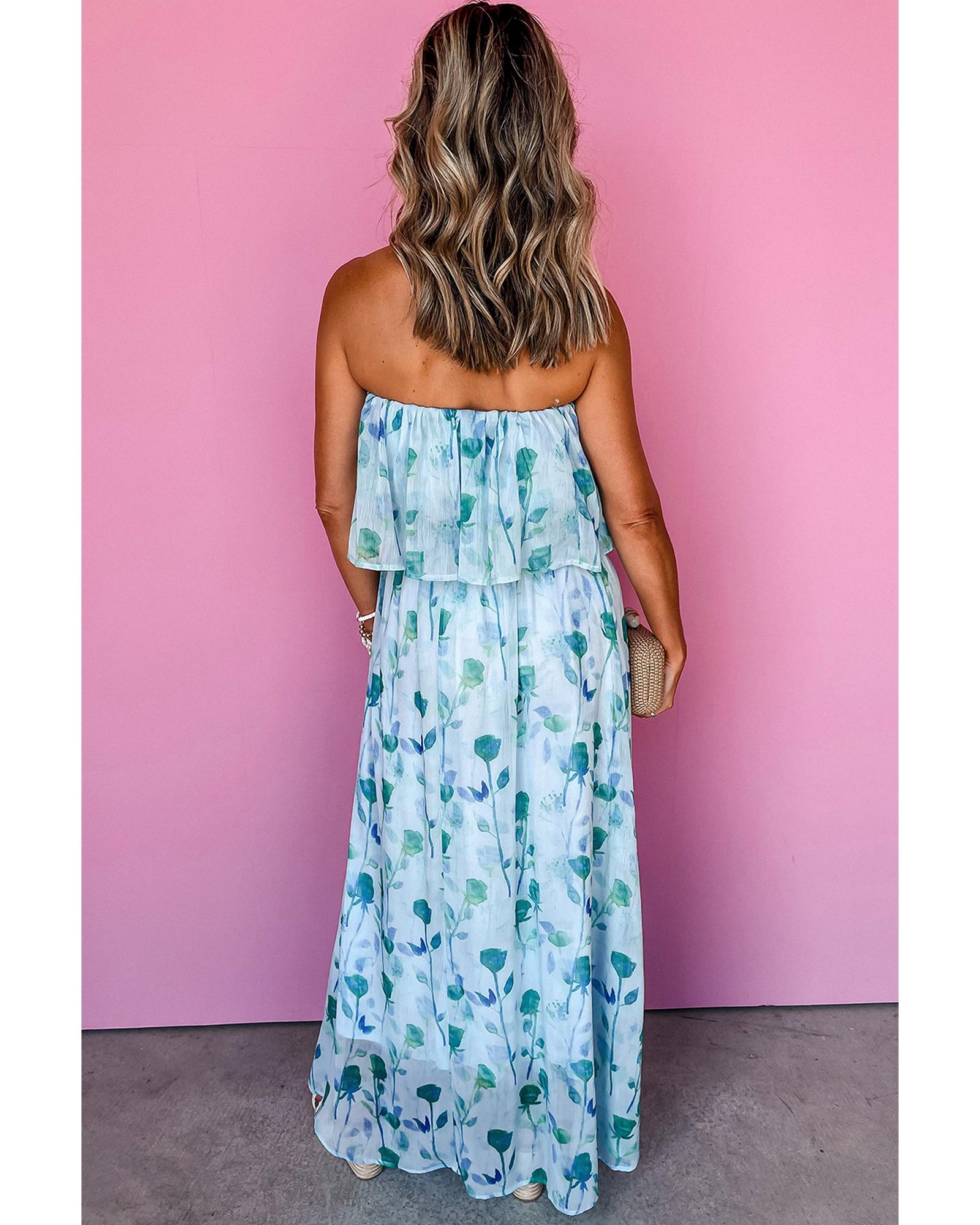 Green Floral Print Ruffled Side Slit Tube Top Maxi Dress - XL