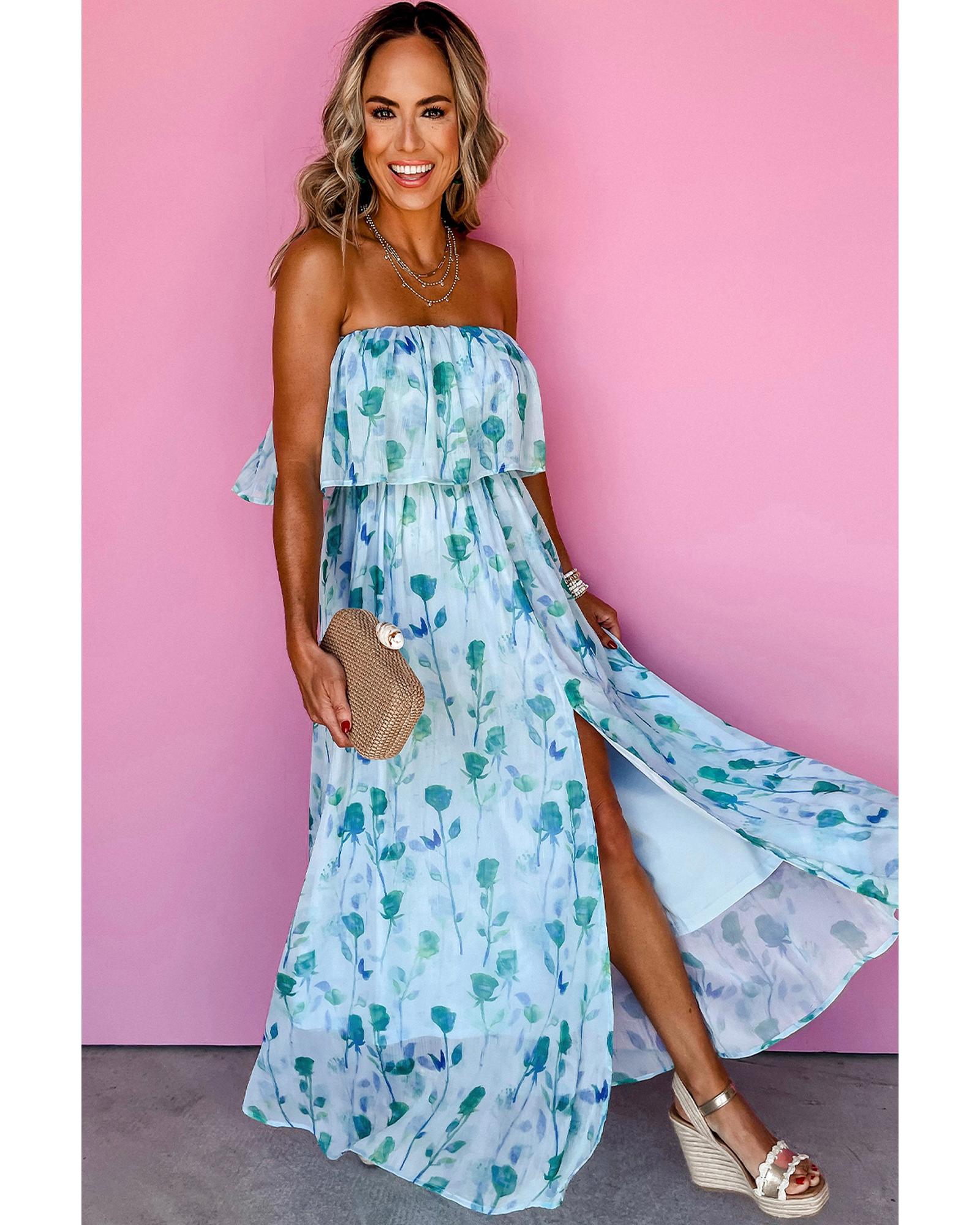 Green Floral Print Ruffled Side Slit Tube Top Maxi Dress - XL