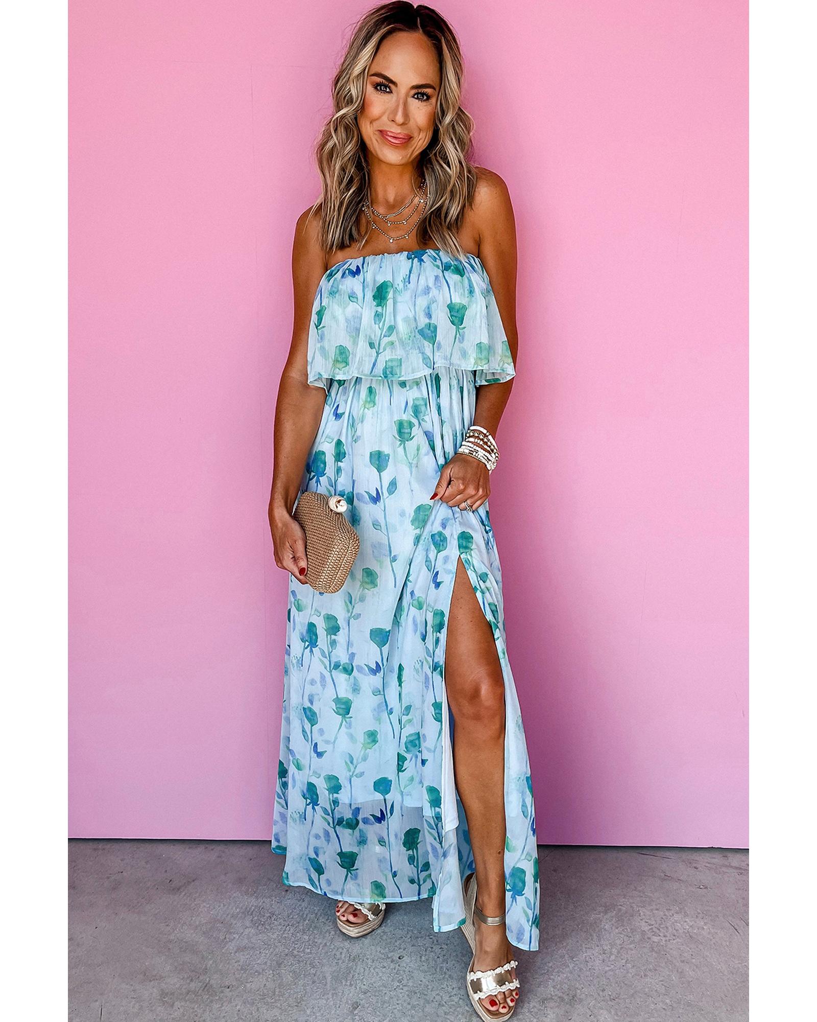 Green Floral Print Ruffled Side Slit Tube Top Maxi Dress - XL