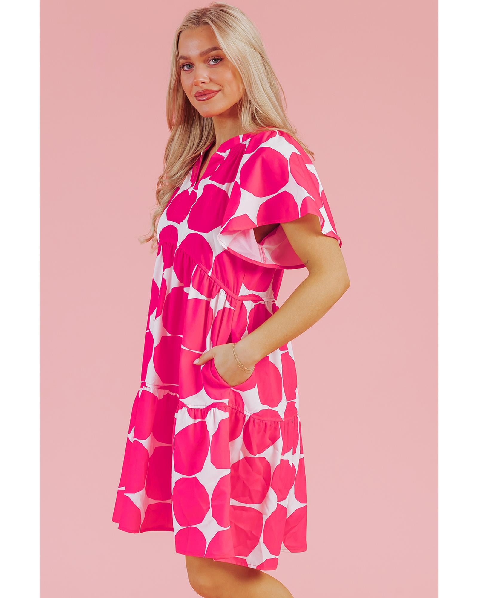 Rose Polka Dot Flutter Sleeve Notched Neck Tiered Flowy Dress - M
