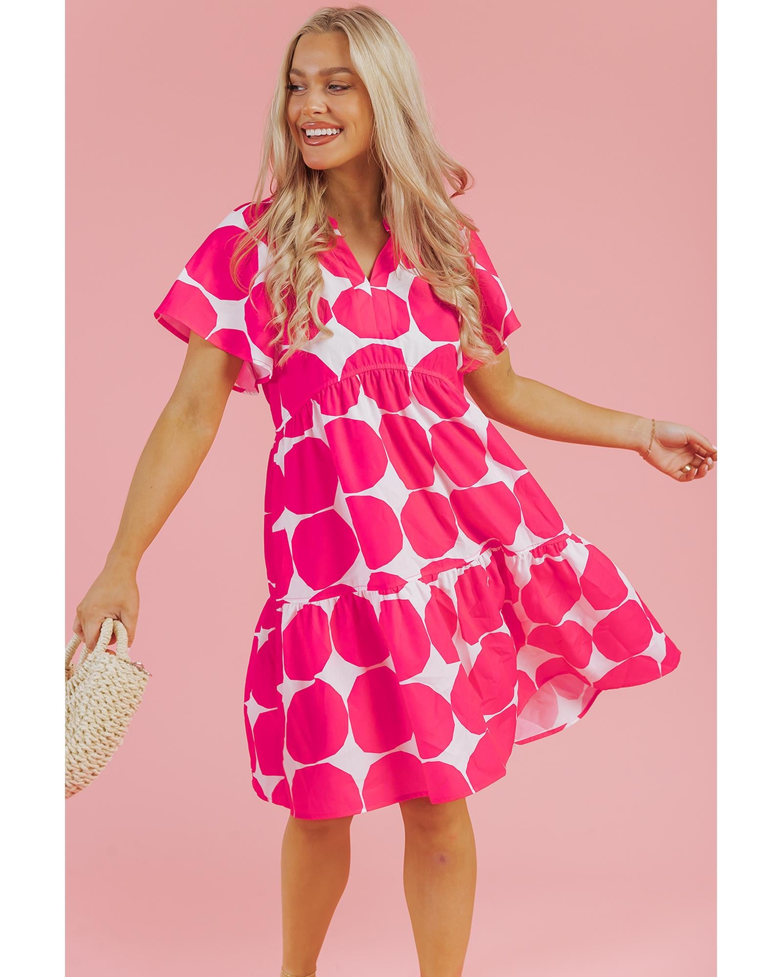 Rose Polka Dot Flutter Sleeve Notched Neck Tiered Flowy Dress - M