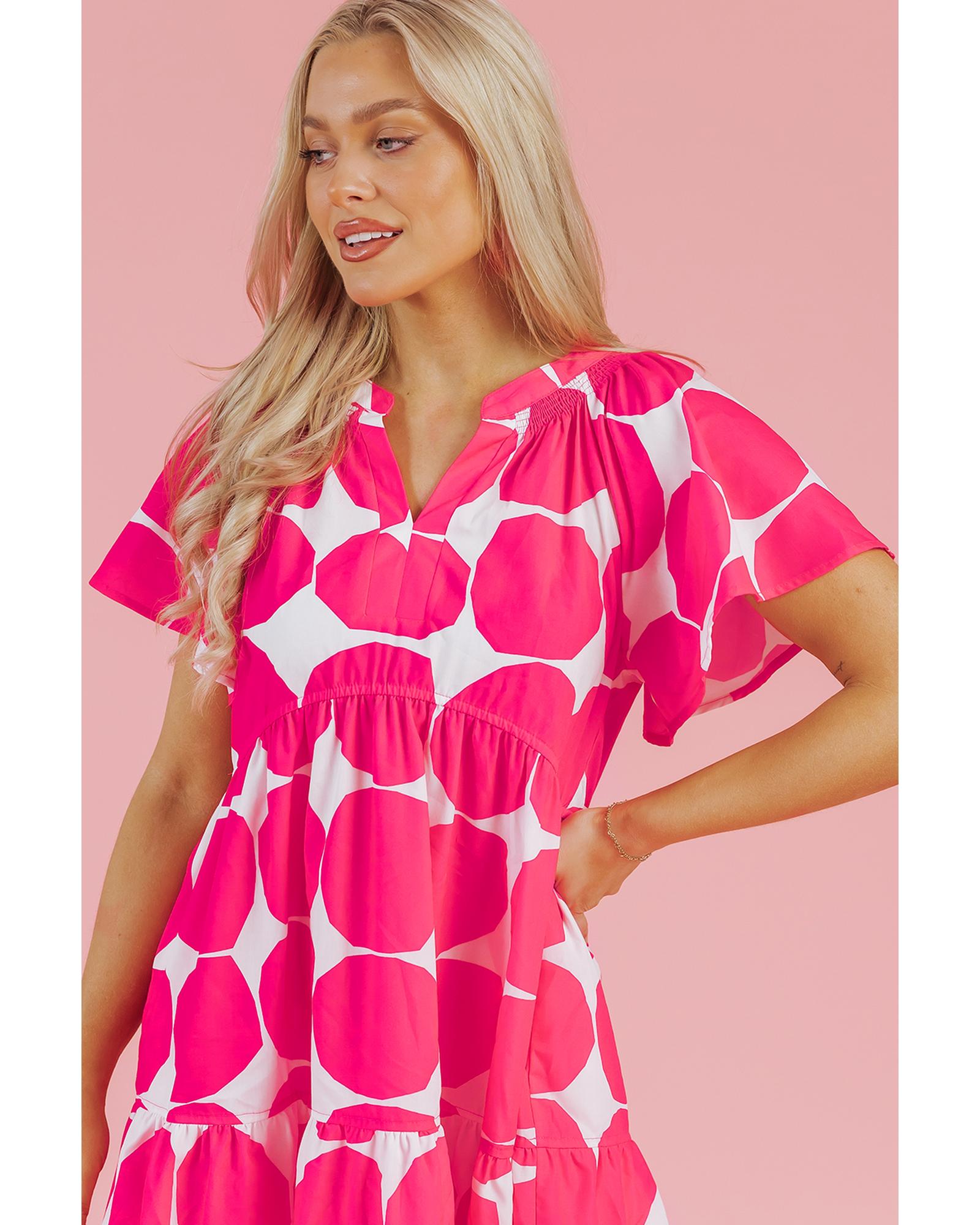 Rose Polka Dot Flutter Sleeve Notched Neck Tiered Flowy Dress - M
