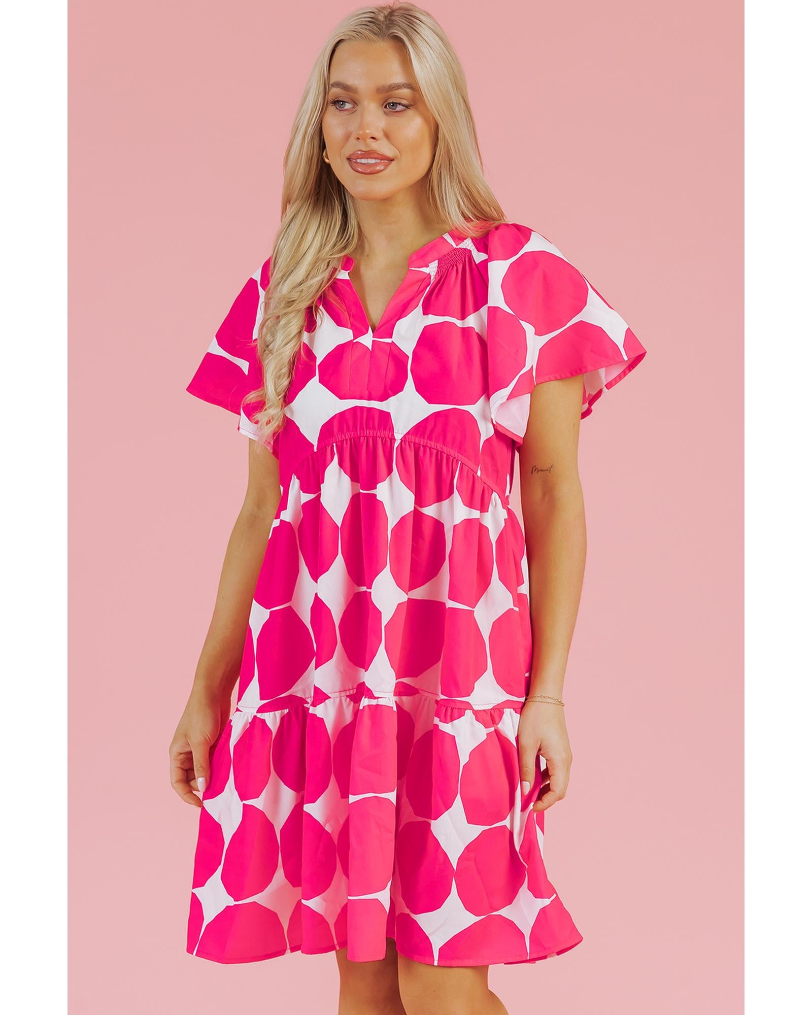 Rose Polka Dot Flutter Sleeve Notched Neck Tiered Flowy Dress - M