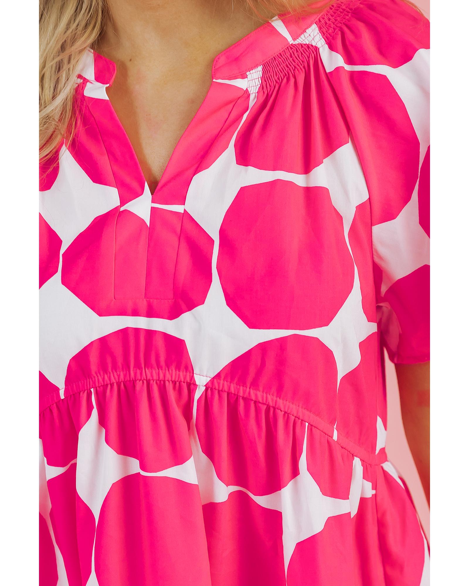 Rose Polka Dot Flutter Sleeve Notched Neck Tiered Flowy Dress - M