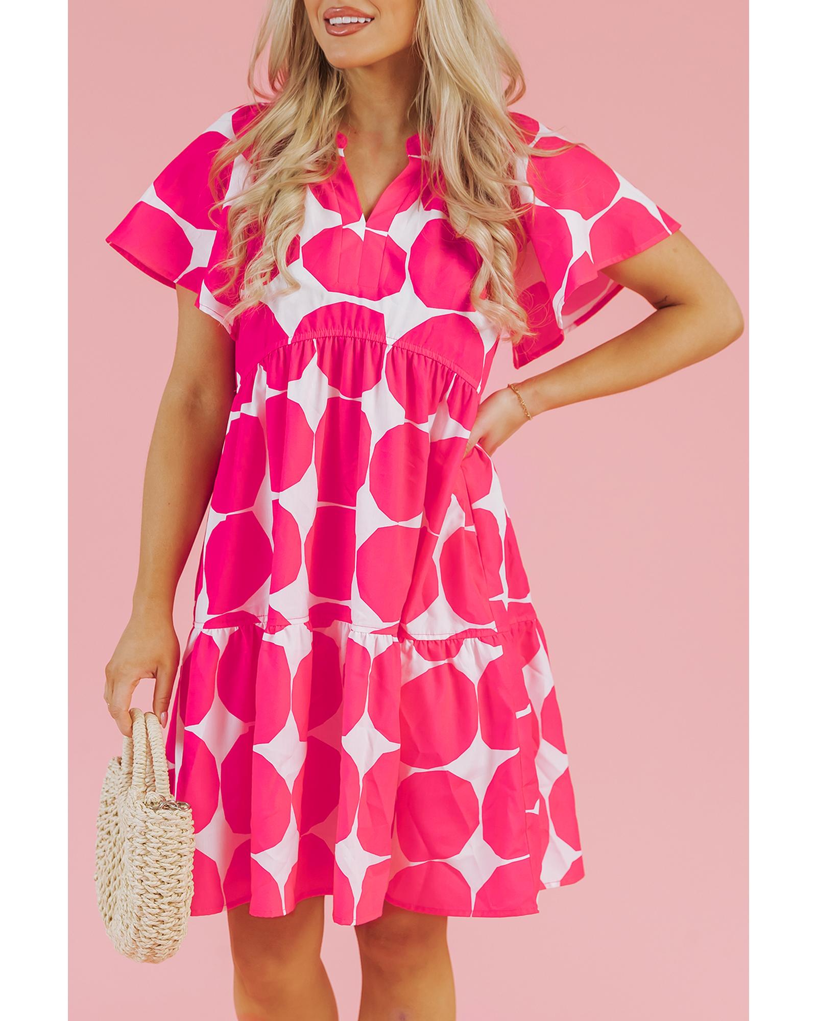 Rose Polka Dot Flutter Sleeve Notched Neck Tiered Flowy Dress - M