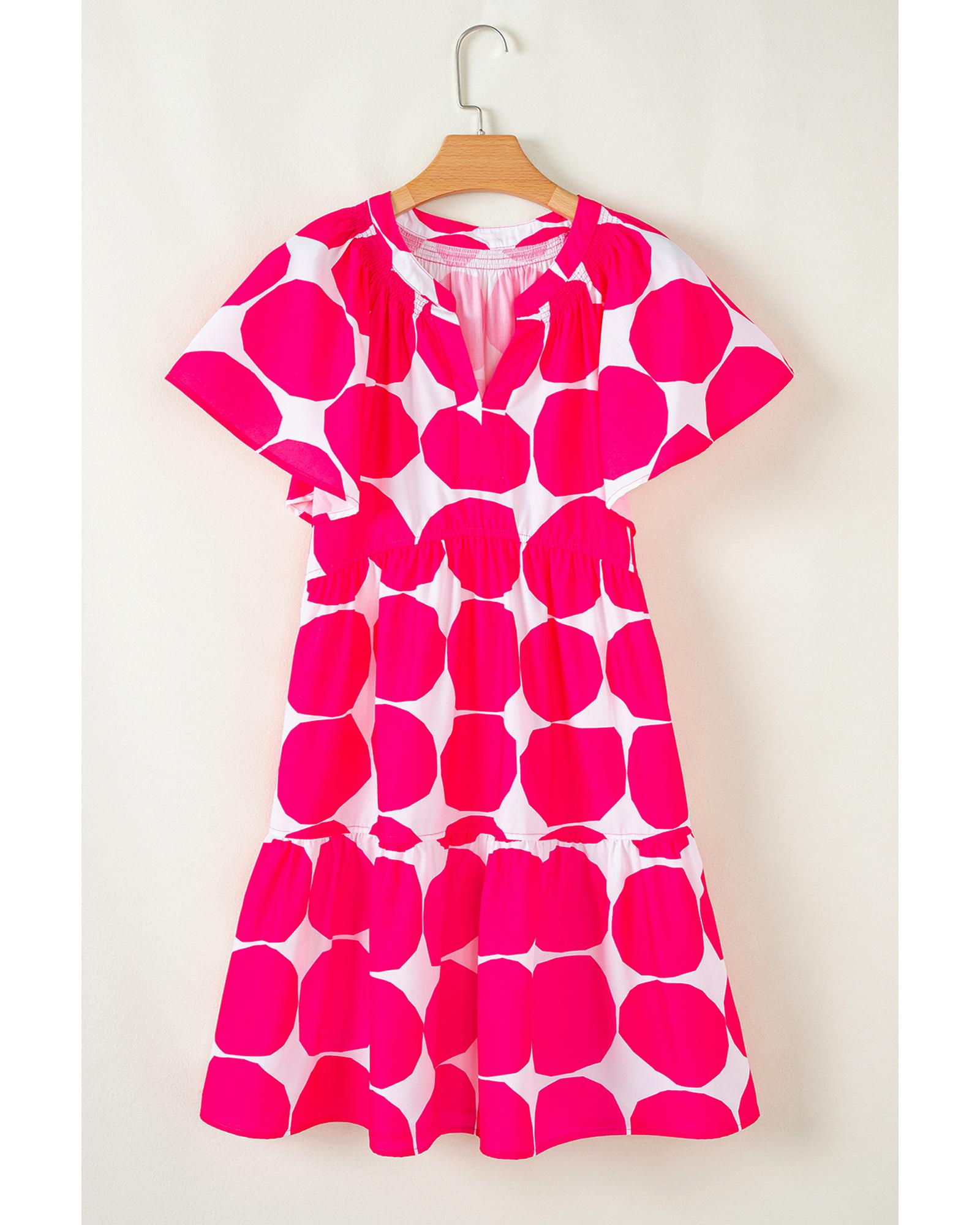 Rose Polka Dot Flutter Sleeve Notched Neck Tiered Flowy Dress - M