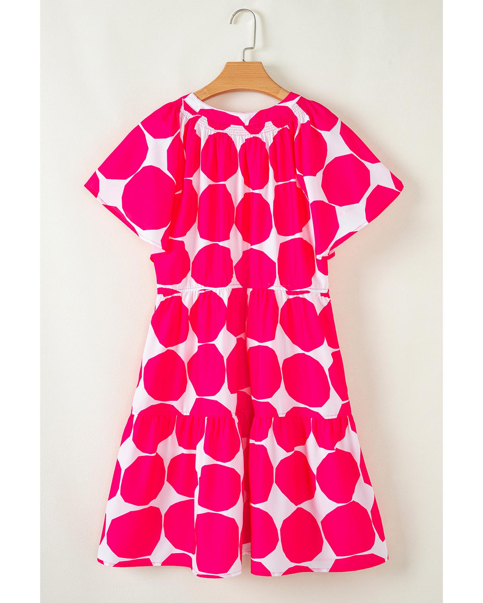 Rose Polka Dot Flutter Sleeve Notched Neck Tiered Flowy Dress - M