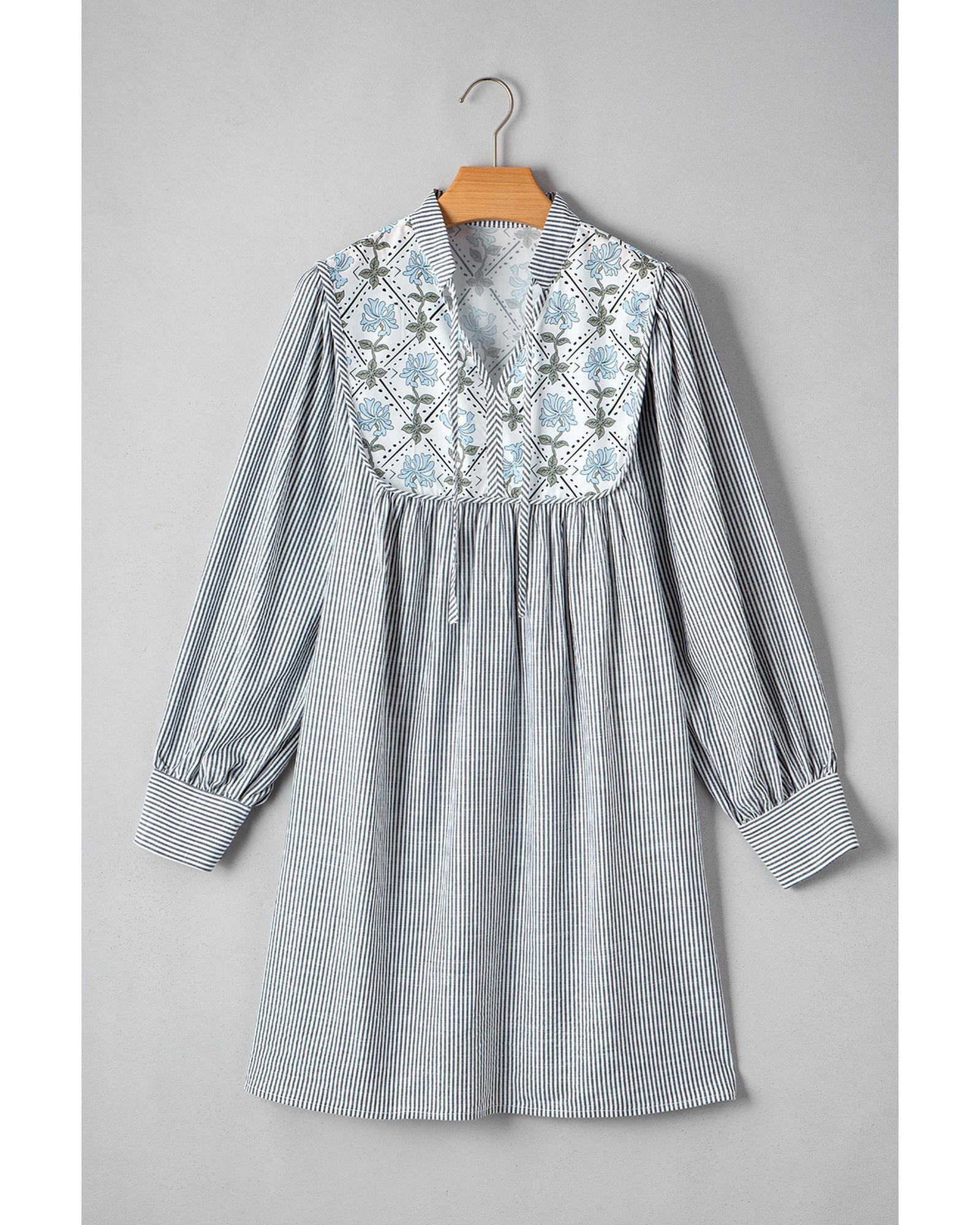 Black Stripe Floral Patchwork Tied V Neck Shift Long Sleeve Mini Dress - L