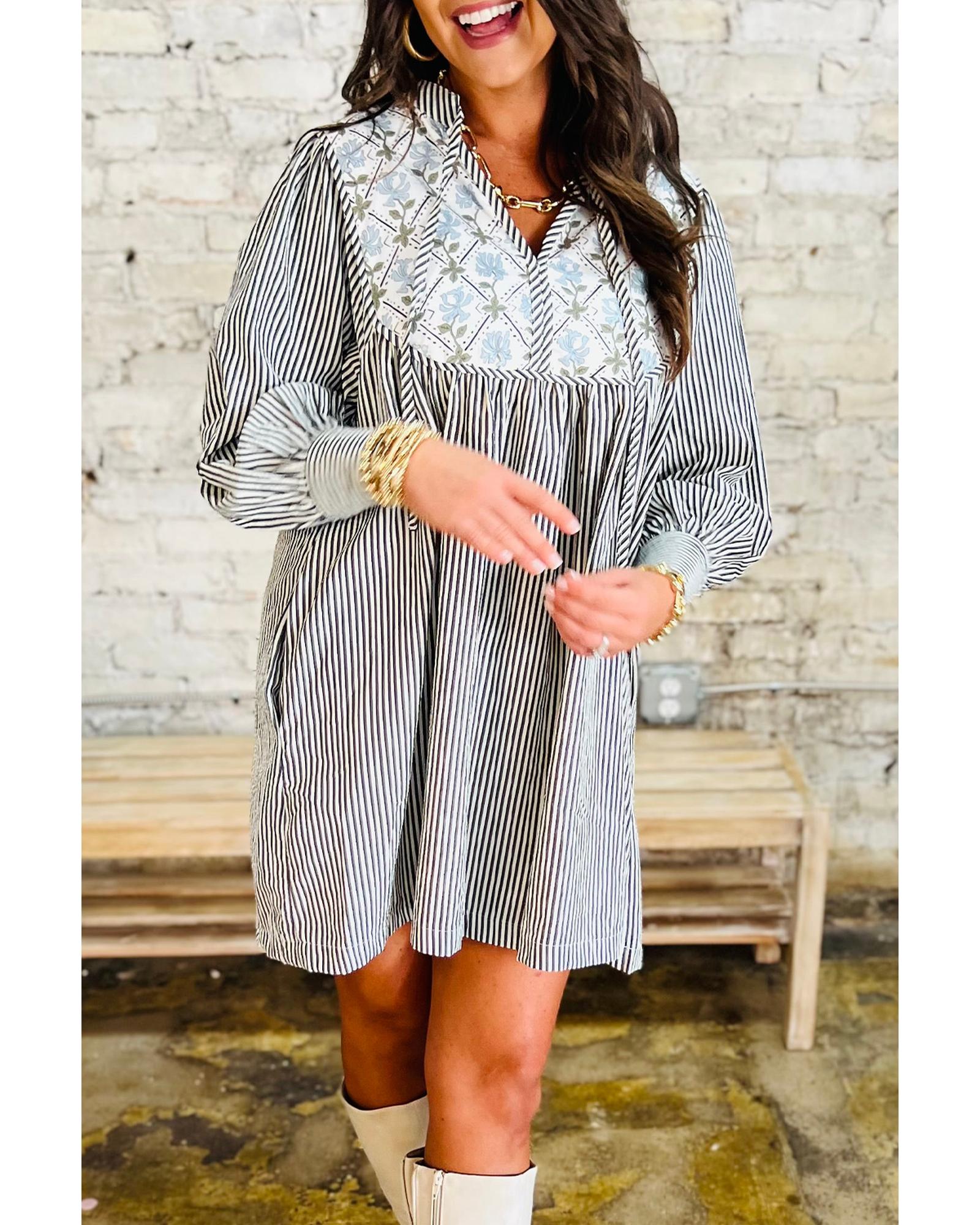 Black Stripe Floral Patchwork Tied V Neck Shift Long Sleeve Mini Dress - XL