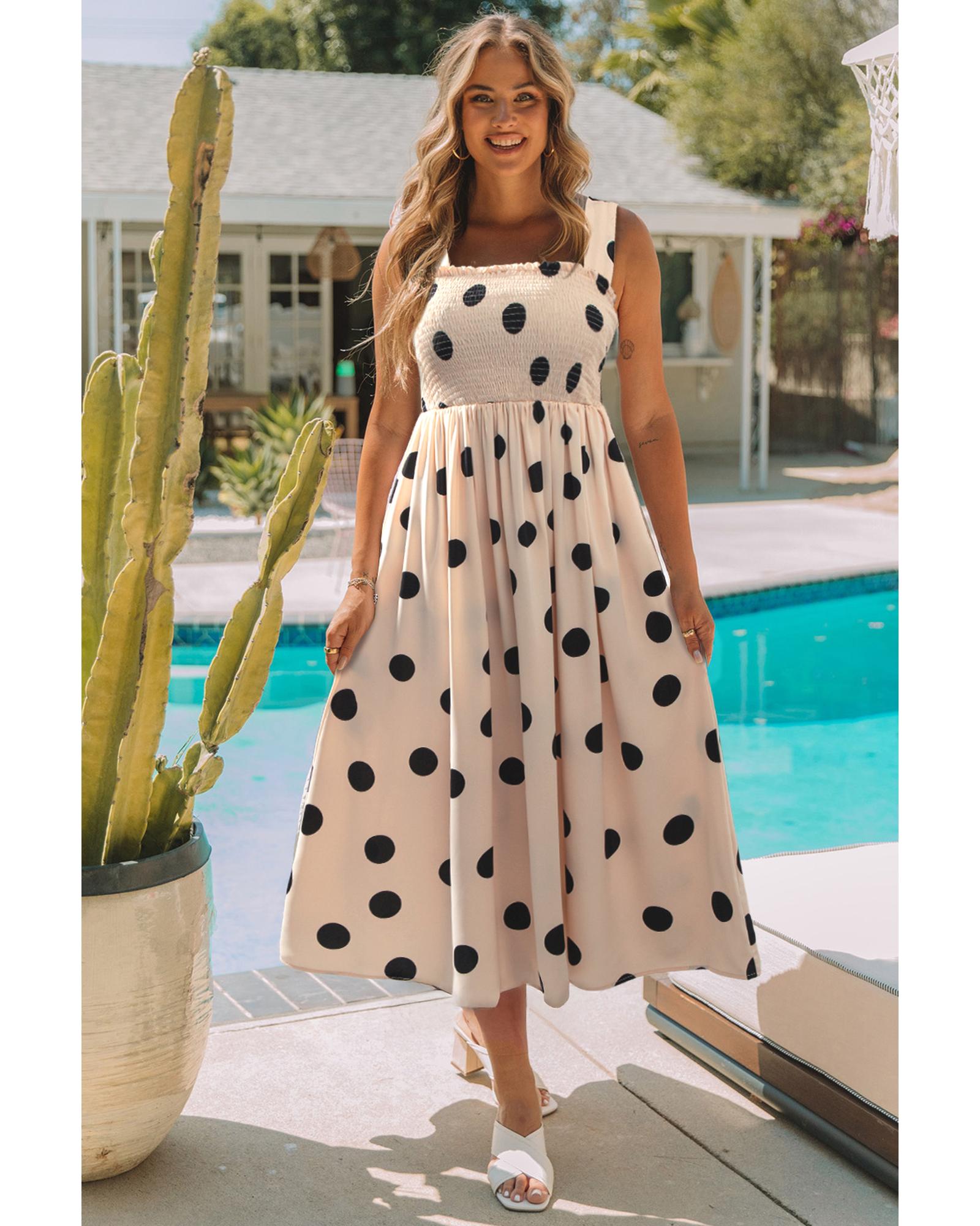 Oatmeal Polka Dot Smocked Fit Flared Sleeveless Long Dress - L