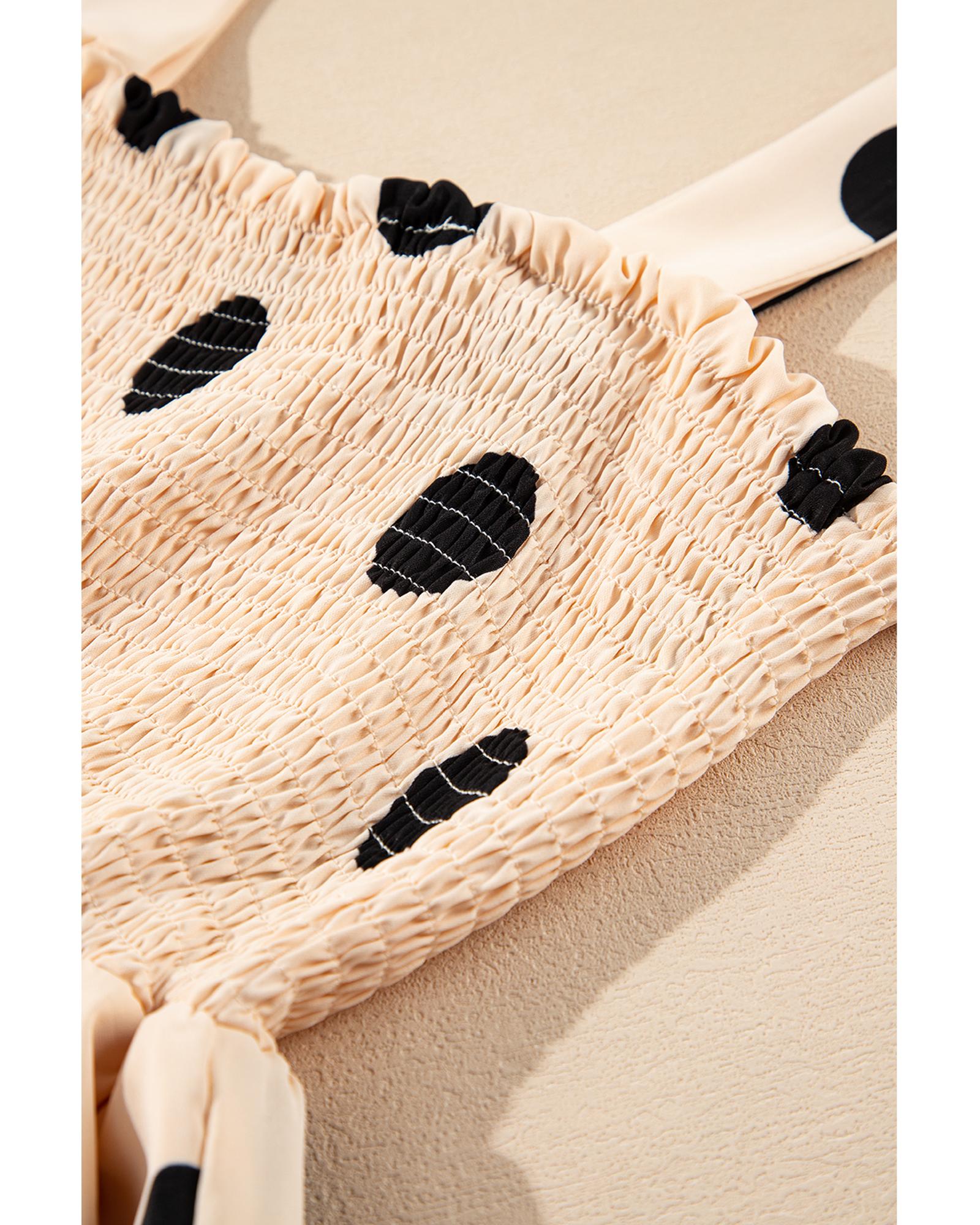 Oatmeal Polka Dot Smocked Fit Flared Sleeveless Long Dress - L