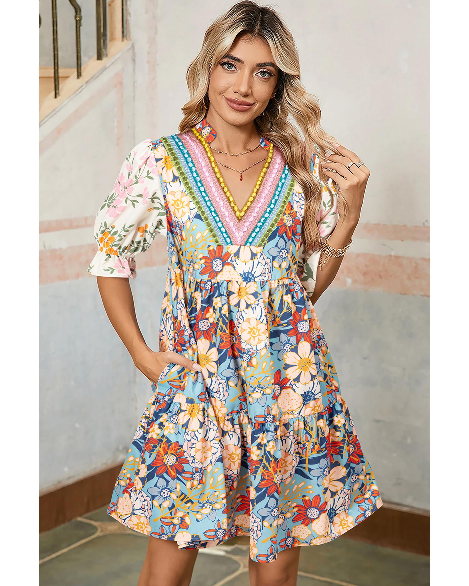 Multicolour Boho Floral Print Crochet Patchwork V Neck Loose Mini Dress - S