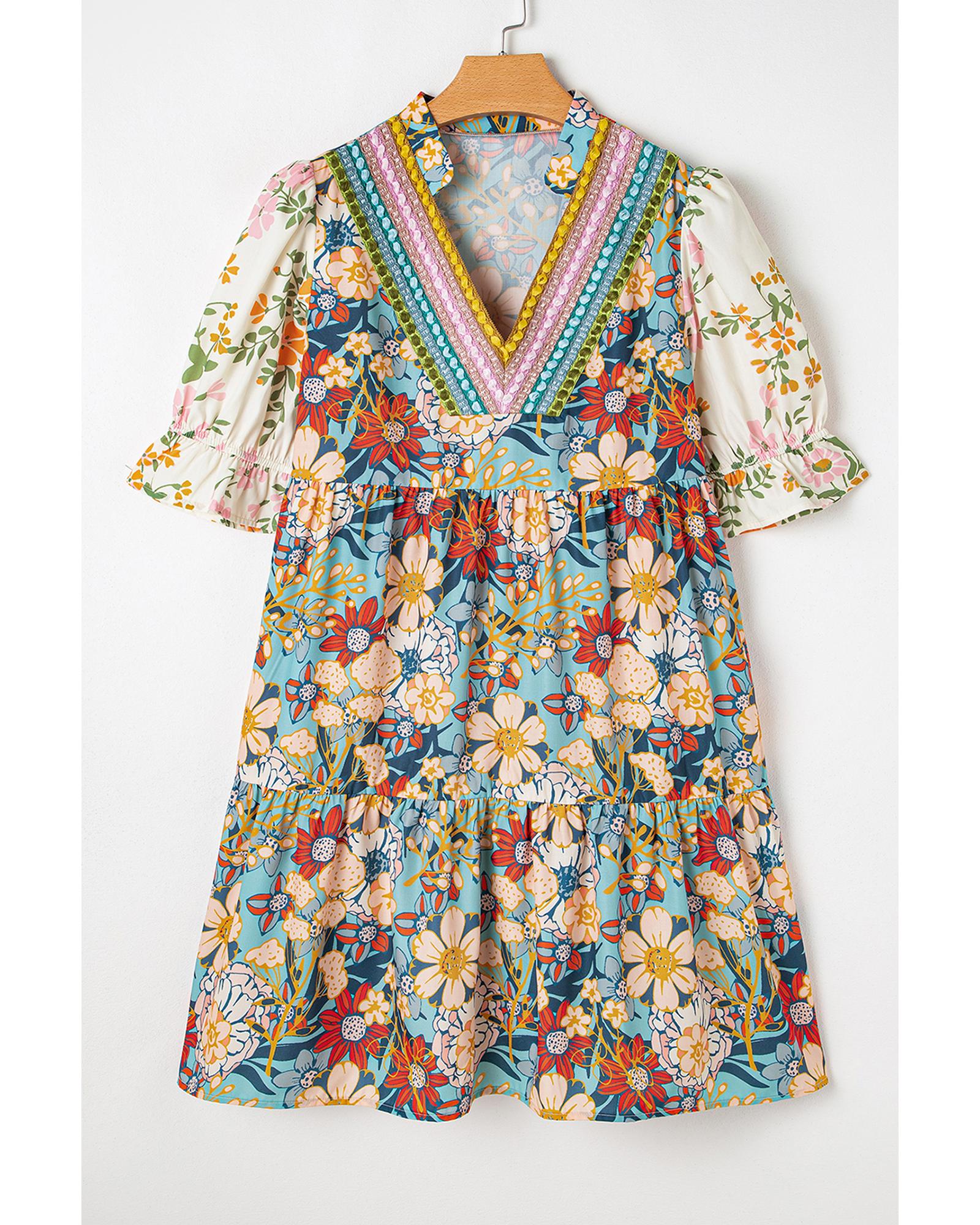 Multicolour Boho Floral Print Crochet Patchwork V Neck Loose Mini Dress - S